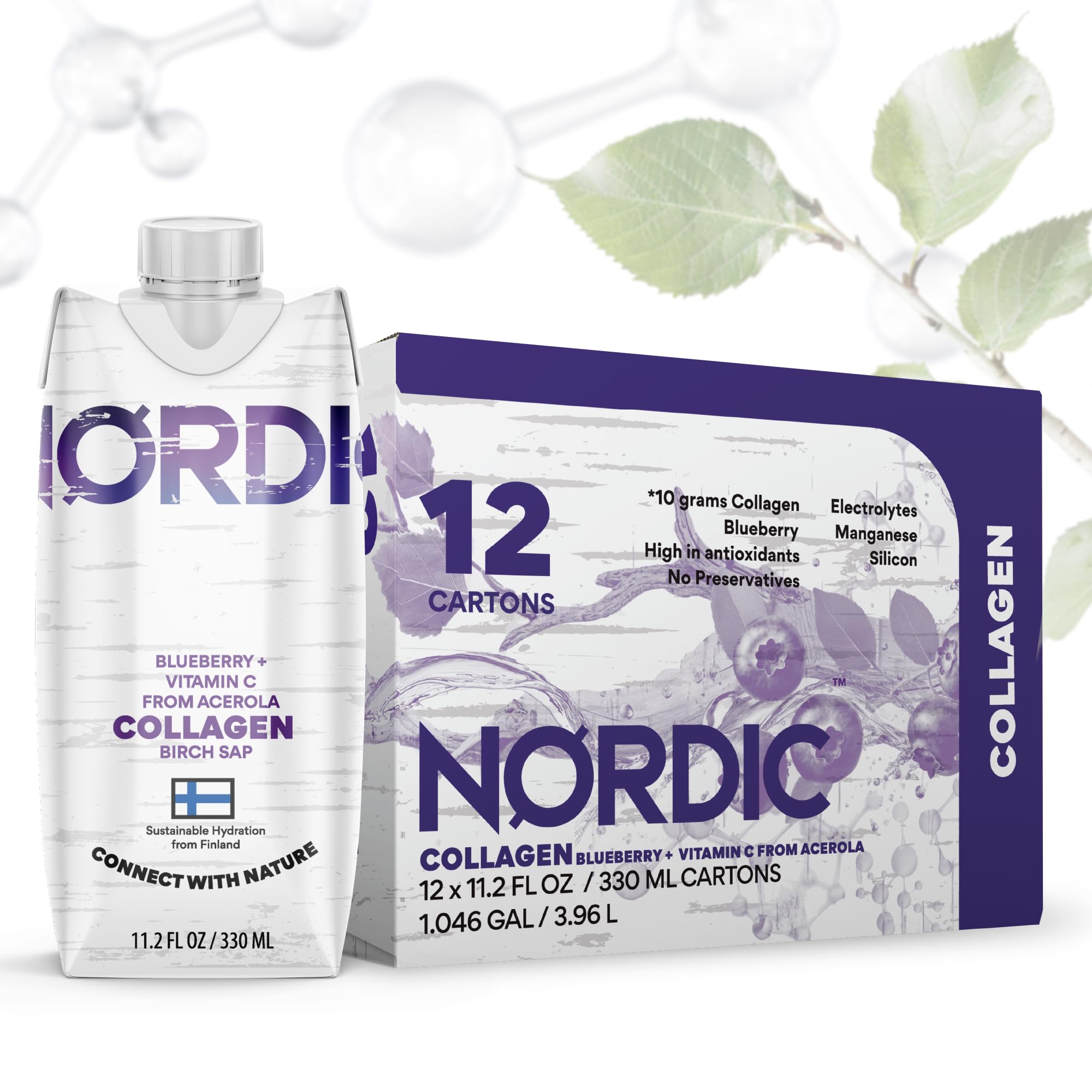 Nordic Liquid Collagen Peptide Drink, Organic Birch Sap, Wild blueberry + Vitamin C, Made in Finland - 10g Clinically Studied Grass Fed Collagen Peptides for Skin Hair Nails & Joint Support, with Silica, BPA-Free Beverage (12 Pack) Nordic Tree Water buy supplements canada