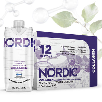 Nordic Liquid Collagen Peptide Drink, Organic Birch Sap, Wild blueberry + Vitamin C, Made in Finland - 10g Clinically Studied Grass Fed Collagen Peptides for Skin Hair Nails & Joint Support, with Silica, BPA-Free Beverage (12 Pack) Nordic Tree Water buy supplements canada