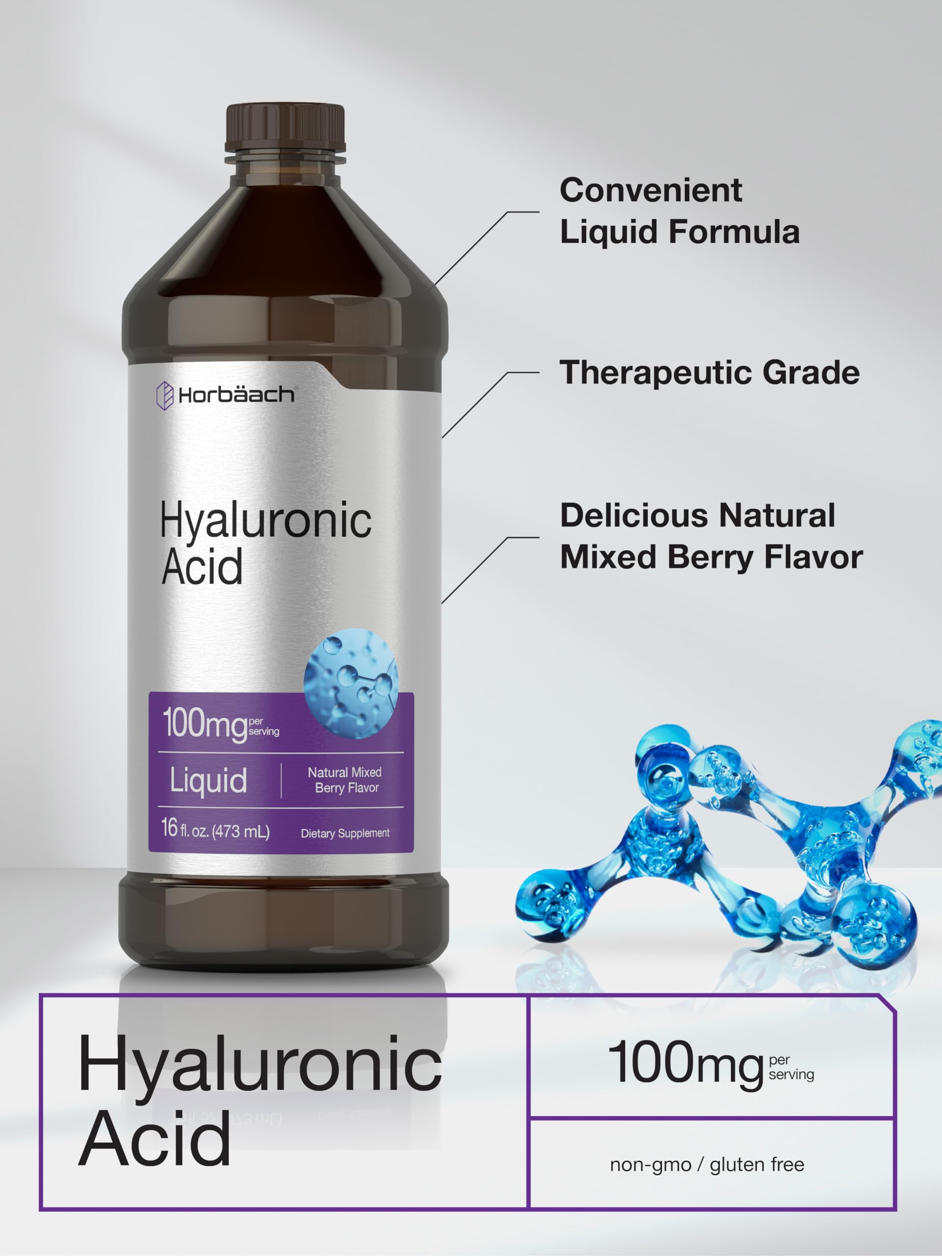 Liquid Hyaluronic Acid Supplement | 100 mg | 16 oz | Mixed Berry Flavor | Non-GMO Horbäach buy supplements canada