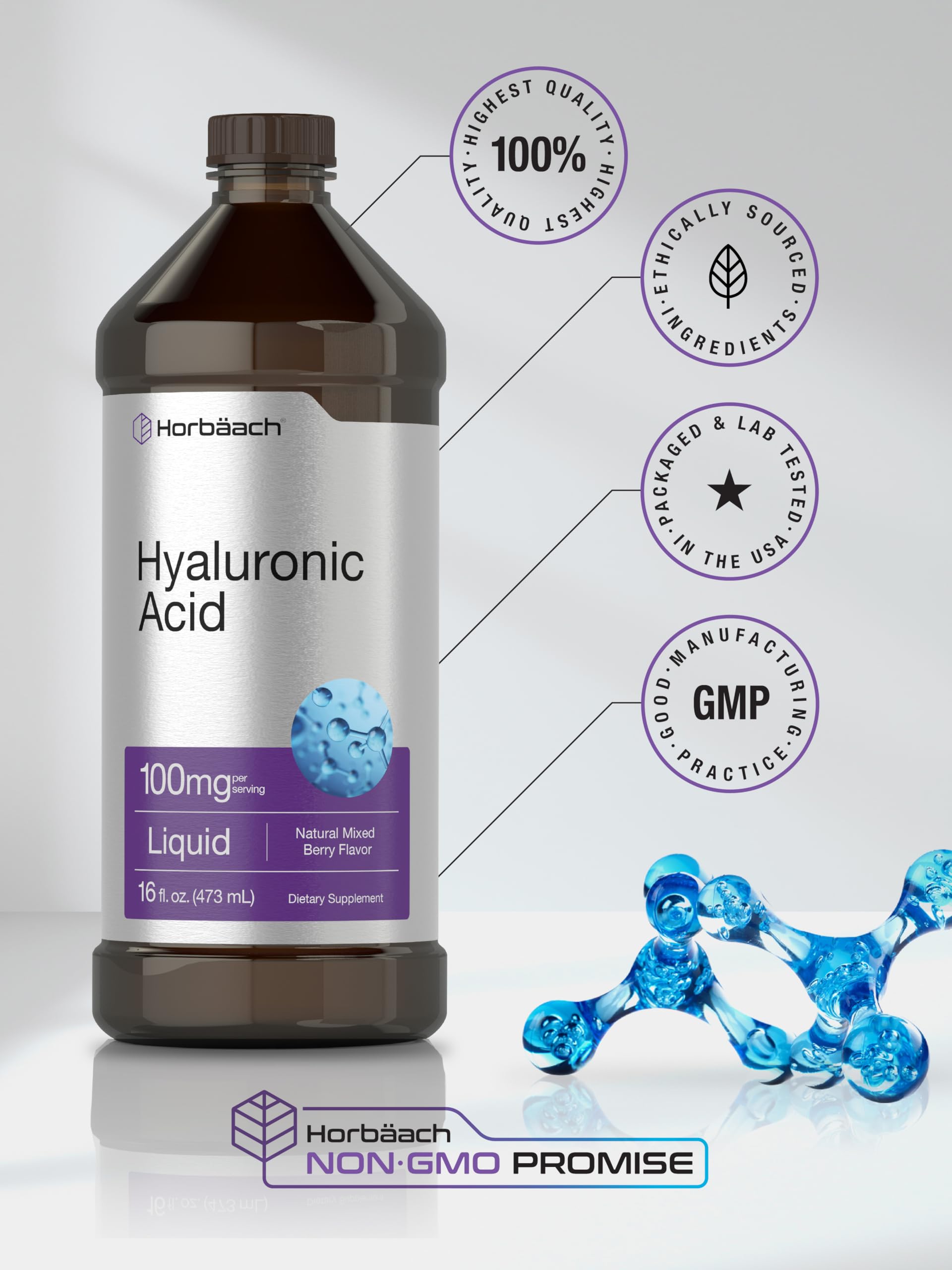 Liquid Hyaluronic Acid Supplement | 100 mg | 16 oz | Mixed Berry Flavor | Non-GMO Horbäach buy supplements canada