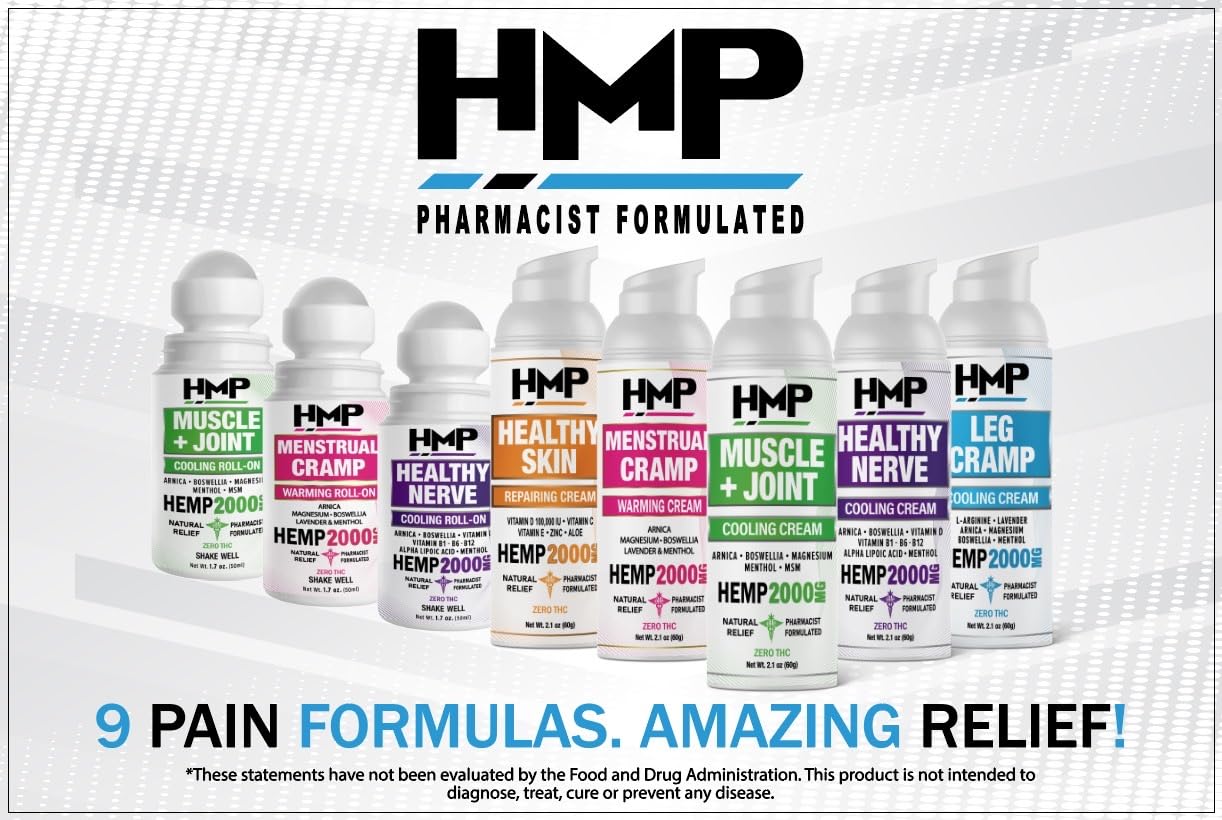 HMP BRANDS Neuropathy Cream Nerve Hemp Cream 2000mg Maximum Strength for Feet, Hands, Legs, Toes, Back. Natural Arnica, Vitamin D3 B1 B6 B12 w Menthol, Made in USA 2.1oz HMP BRANDS buy supplements canada
