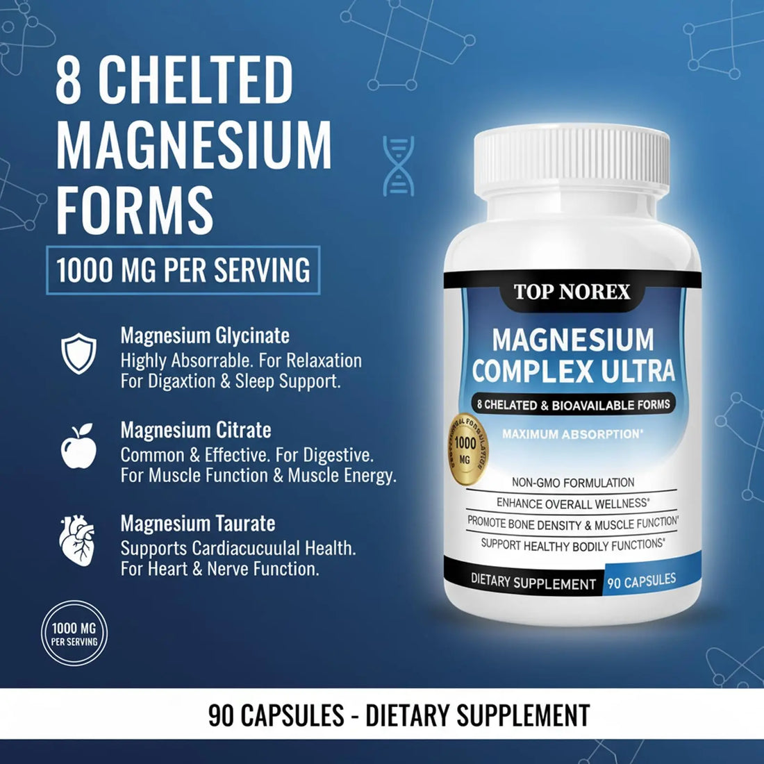 Top Norex Magnesium Complex Ultra - 8 Elemental 1000mg Magnesium Blend, Easy Absorption, 90 Capsules (1) Top Norex buy supplements canada
