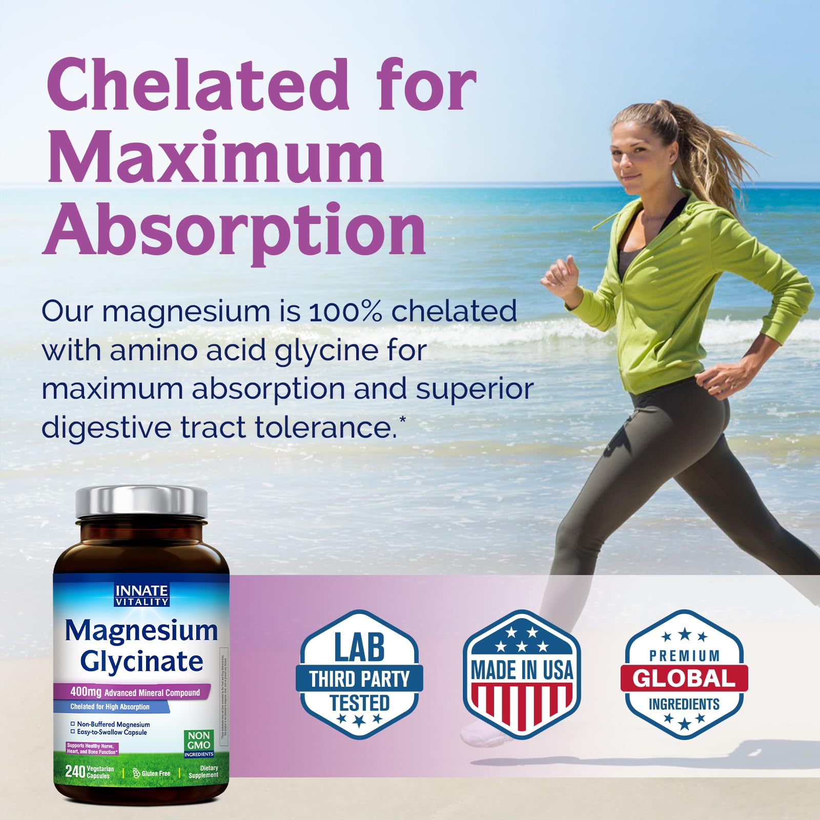 Innate Vitality Magnesium Glycinate 400mg, Non Buffered & High Absorption Magnesium Supplement for Sleep, Relaxation, Heart & Bone Health for Men & Women, Non-GMO, No Gluten, 240 Vegan Capsules Innate Vitality buy supplements canada