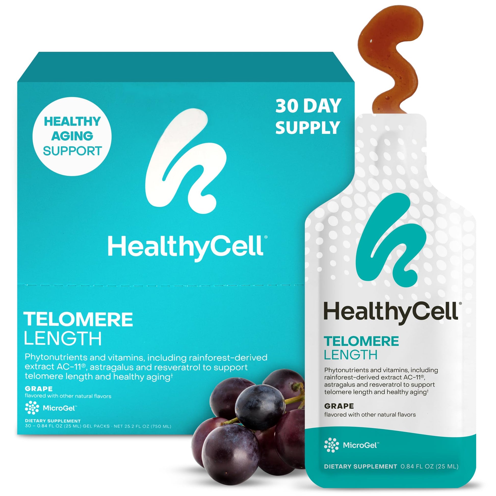HealthyCell Telomere Length Supplement - Anti-Aging Telomere Lengthening Supplements with Phytonutrients & Vitamins for Cellular Health - AC-11, Astragalus & Resveratrol - 30 Gel Packs, Grape Flavored Healthycell buy supplements canada