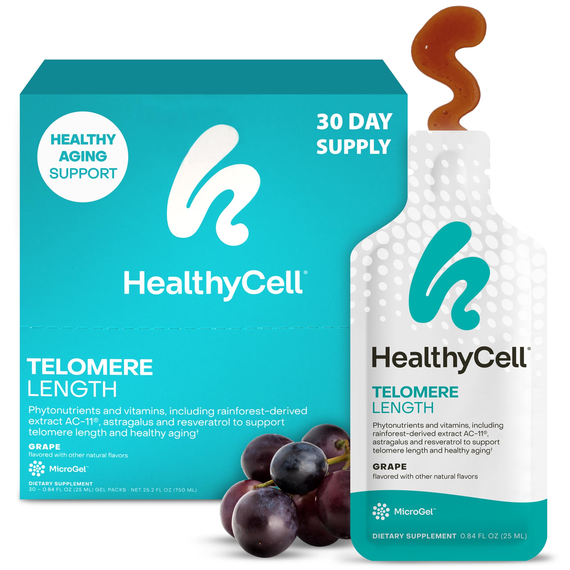 HealthyCell Telomere Length Supplement - Anti-Aging Telomere Lengthening Supplements with Phytonutrients & Vitamins for Cellular Health - AC-11, Astragalus & Resveratrol - 30 Gel Packs, Grape Flavored Healthycell buy supplements canada
