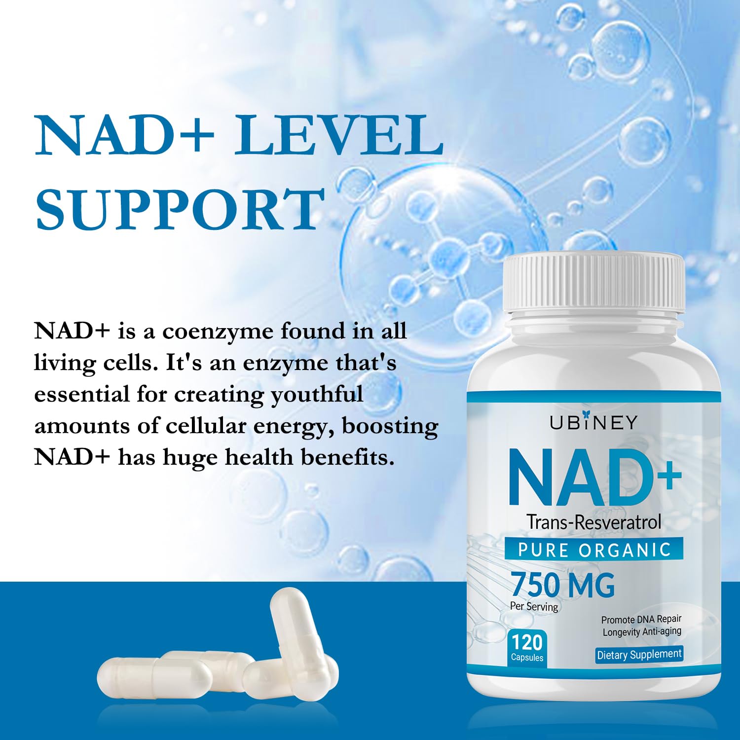 Ubiney NAD+ 750mg with Trans-Resveratrol – Pure Organic Nicotinamide Adenine Dinucleotide Supplement – DNA Repair, Cellular Energy, Anti-Aging Support – 120 Vegan Capsules, Non-GMO, Gluten-Free Ubiney buy supplements canada