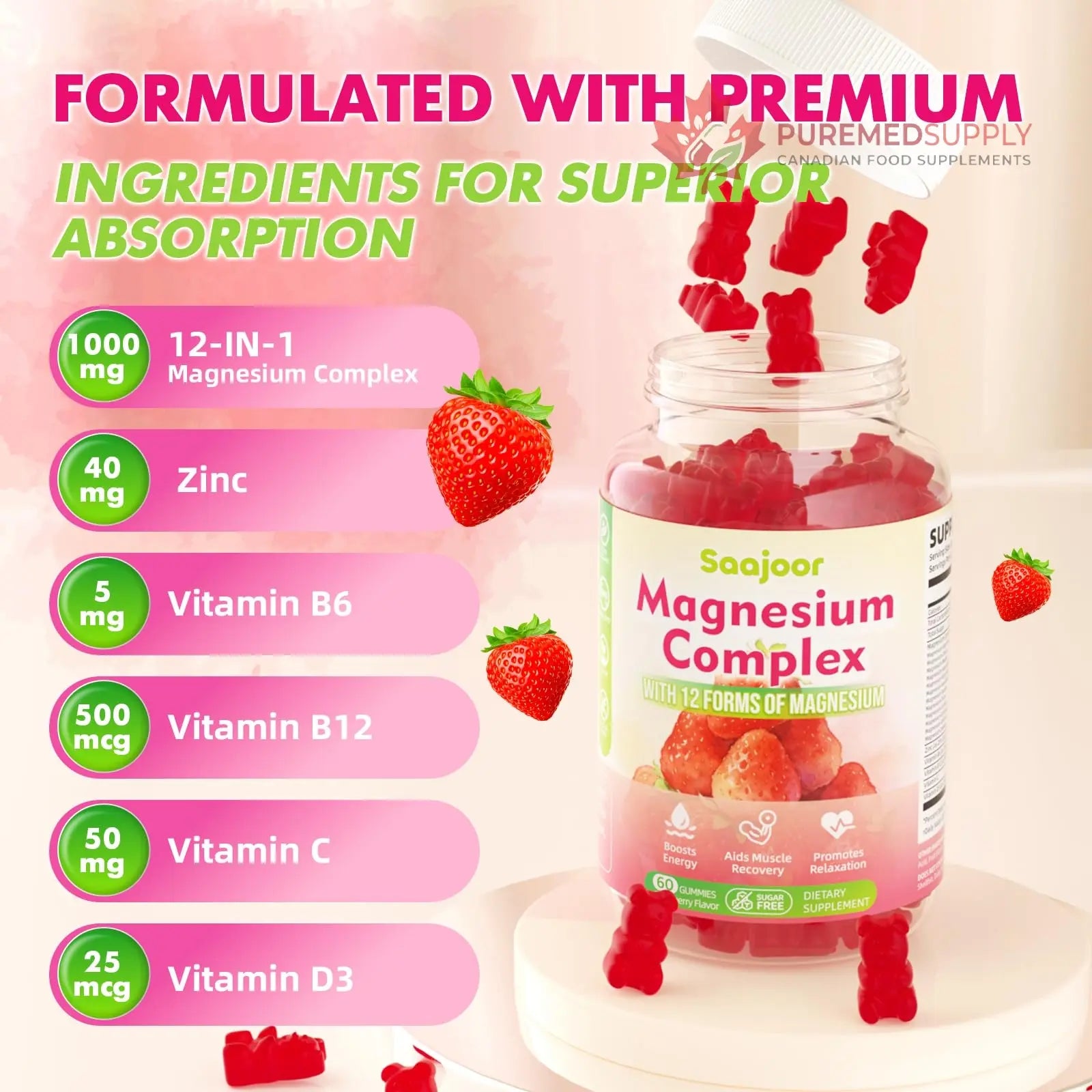 Magnesium Complex Gummies – with 12 Forms of Magnesium (Citrate, Glycinate, Malate, Oxide, and More) Plus Vitamins B6, B12, and C. for Women and Men – Strawberry Flavor, 60 Count Saajoor buy supplements canada
