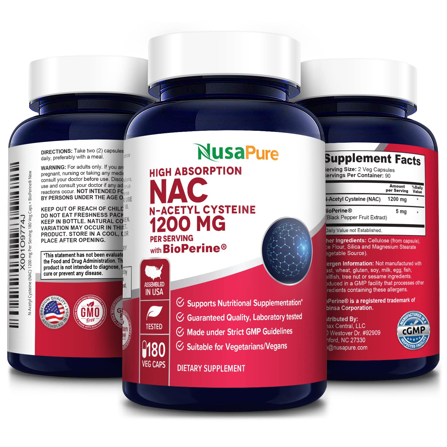 NusaPure N-Acetyl Cysteine (NAC) 1200mg 180 Veggie Caps (Vegetarian, Non-GMO, Gluten Free) Bioperine NusaPure buy supplements canada