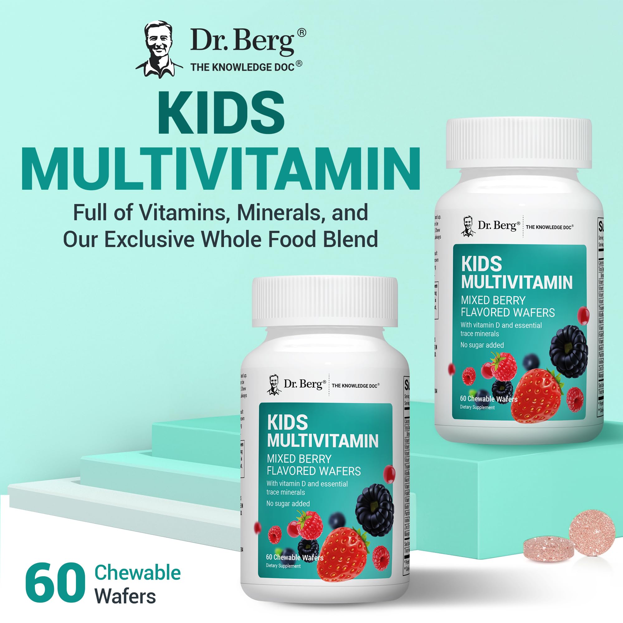 Dr. Berg Kids Chewable Multivitamins (NOT Sweetened w/Sugar) - Daily Multivitamin for Kids that Includes 20 Nutrients & Trace Mineral Complex - Mixed Berry Chewable Vitamins for Kid - Red Wafers Dr. Berg Nutritionals buy supplements canada