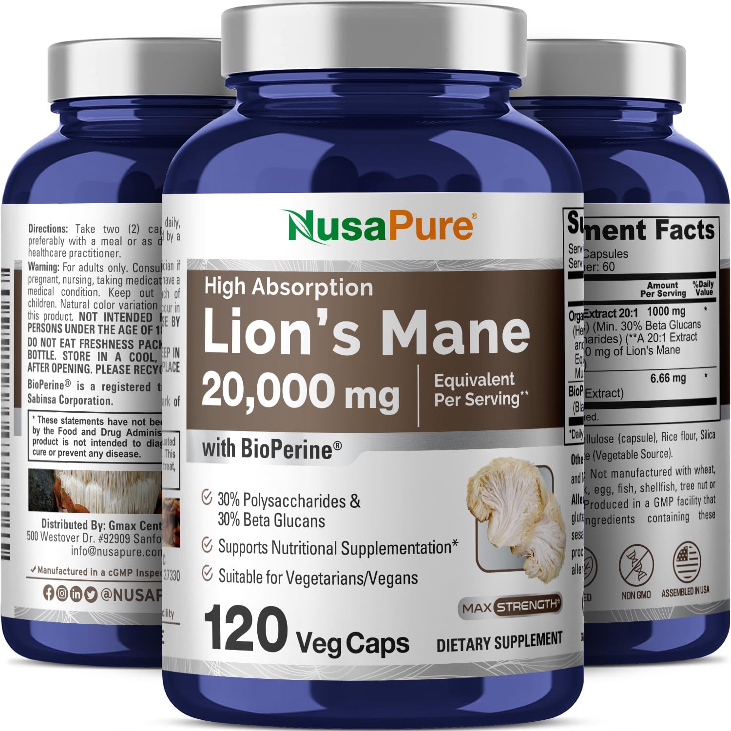 NusaPure Lions Mane 20:1 Extract (20,000 mg Equivalent) - Made with Organic Lion`s Mane, Bioperine - 30% Polysaccharides - 120 Veggie Caps. Non-GMO, Gluten Free NusaPure buy supplements canada