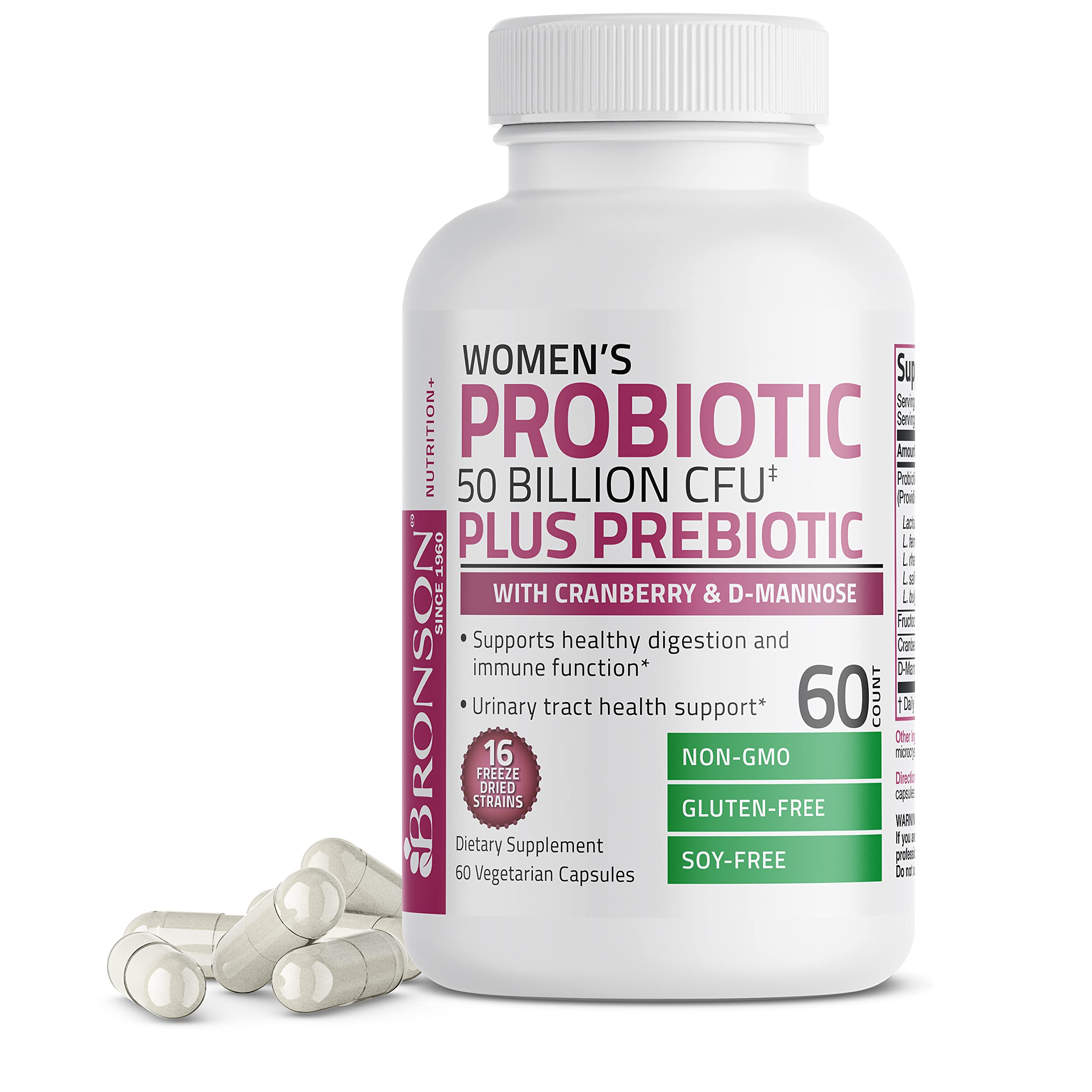 Bronson Women's Probiotic 50 Billion CFU + Prebiotic with Cranberry & D-Mannose – Vaginal Health, Healthy Digestion, Immune Function and Urinary Tract Support, Non-GMO, 60 Vegetarian Capsules Bronson buy supplements canada