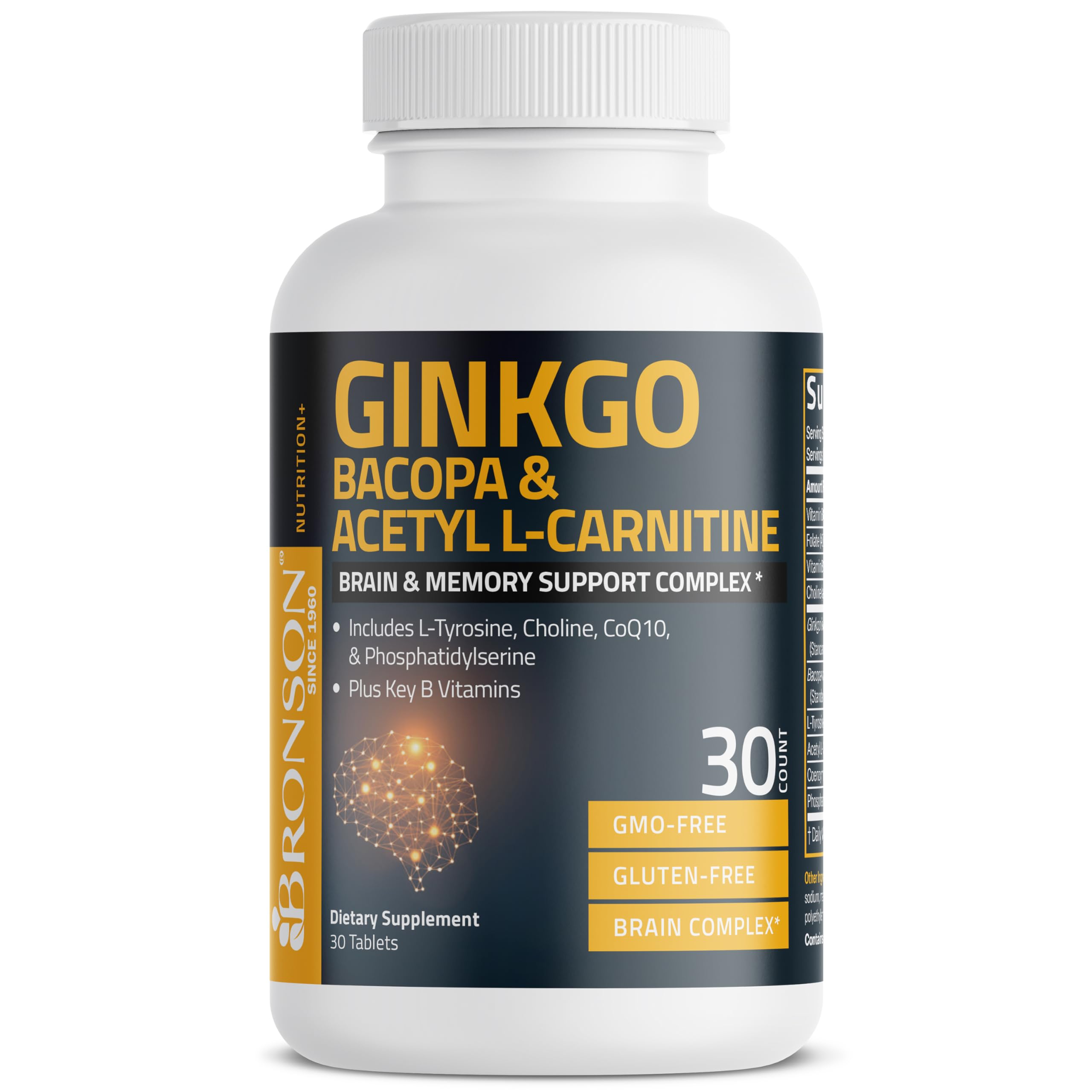 Bronson Ginkgo, Bacopa & Acetyl L-Carnitine Brain & Memory Support Complex with L-Tyrosine, Choline, CoQ10 & Phosphatidylserine Plus Key B Vitamins Non-GMO, 30 Tablets Bronson buy supplements canada