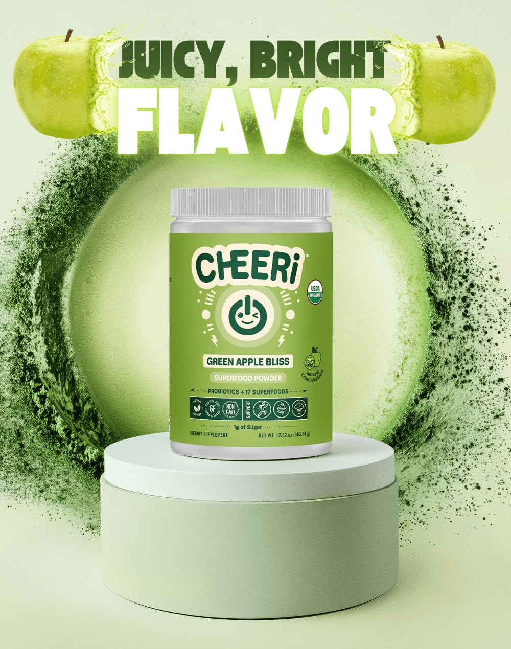 Cheerific Green Apple Bliss Superfood Powder - 20+ Organic Superfoods + Prebiotic & Probiotics + More - Keto Friendly - Supports Positive Mood, Gut Health - Vegan, Gluten Free, Non-GMO - 30 Day Supply Cheerific buy supplements canada