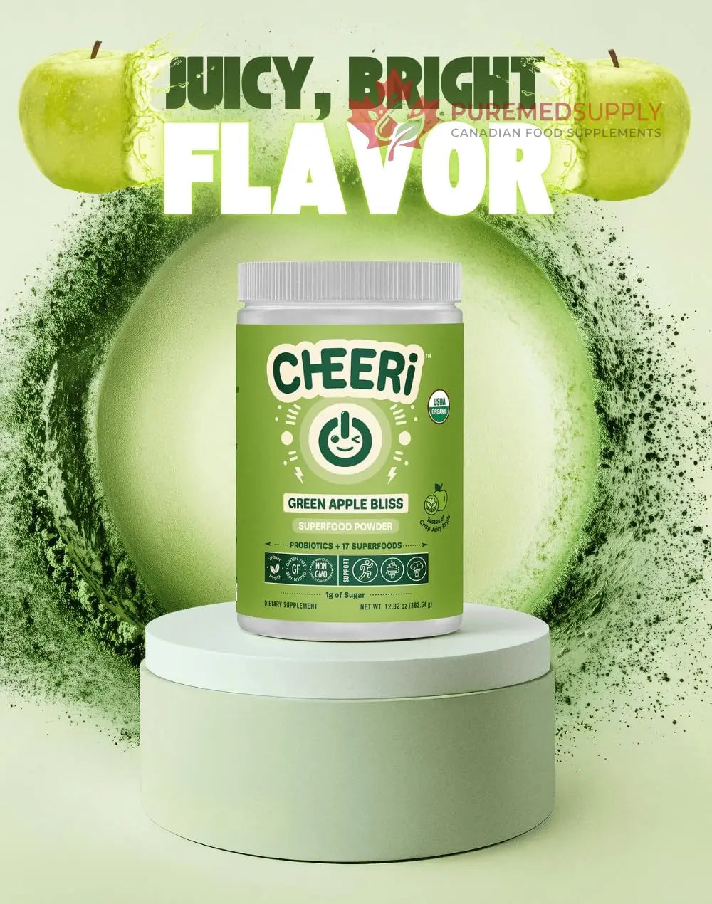 Cheerific Crisp Apple Greens Superfood Powder - 20+ Organic Superfoods + Prebiotic & Probiotics + More - Keto Friendly - Supports Positive Mood, Gut Health - Vegan, Gluten Free, Non-GMO - 30 Day Cheerific buy supplements canada