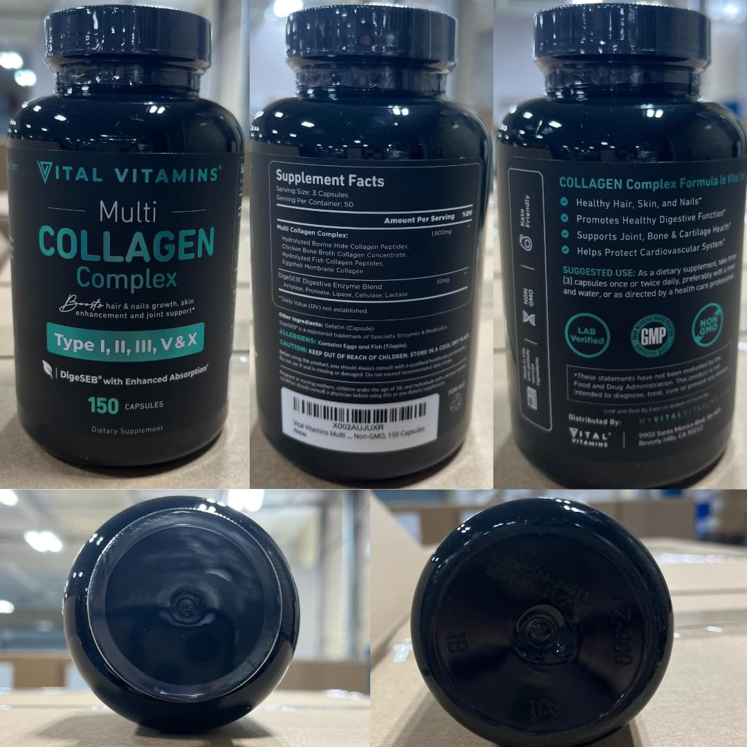 Vital Vitamins Multi Collagen Capsules - Type I, II, III, V, X - Grass-Fed, Collagen Peptides Supplements, Non-GMO - for Men & Women - 150 Count Vital Vitamins buy supplements canada