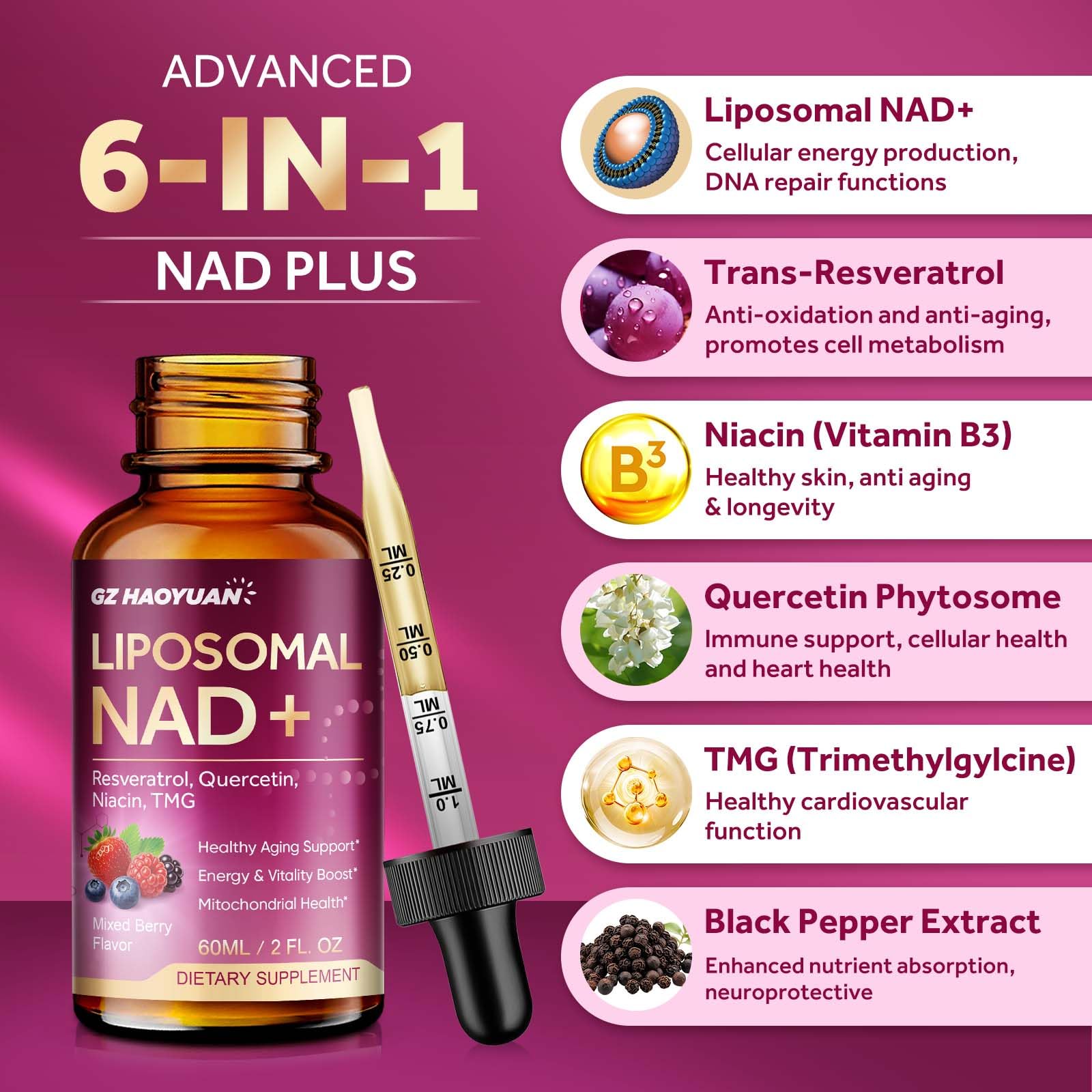 Liposomal NAD Supplement - 1200mg NAD+ Liquid Drops for Women & Men with Nicotinamide, Resveratrol, Quercetin, TMG, Black Pepper Extract - Brain & Cellular Mitochondrial Health, Anti-Aging, Longevity GZ HAOYUAN buy supplements canada