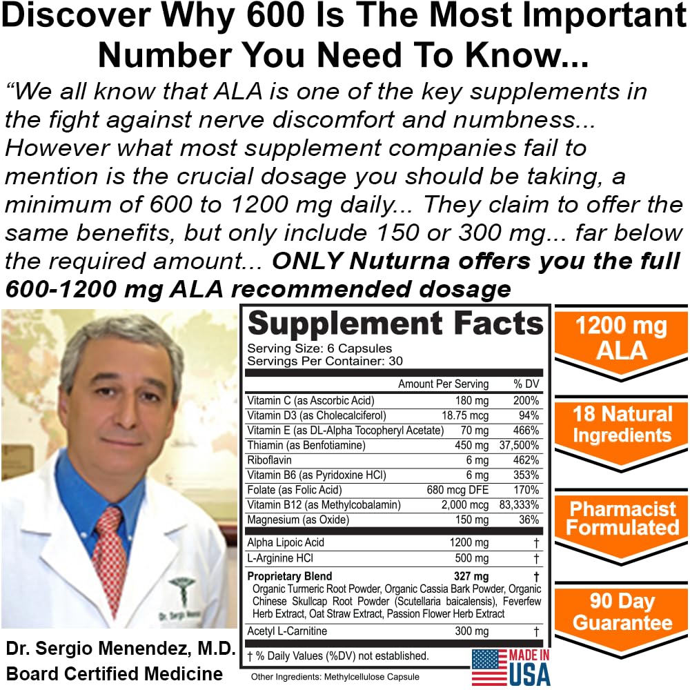 Neuroturna Support Supplement with 1200 mg Pure Alpha Lipoic Acid - Maximum Strength Formula with ALA + Vitamins + Minerals + Herbs - Best Natural Support - 180 Capsules Nuturna buy supplements canada