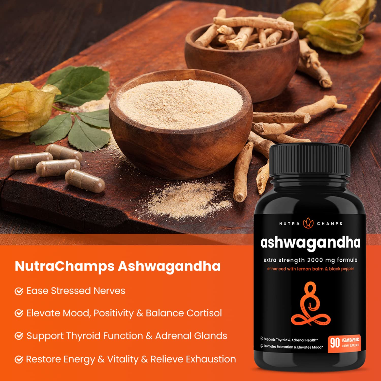 NutraChamps Organic Ashwagandha Capsules, 2000mg Adrenal Fatigue, Thyroid & Mood Support Ashwagandha Supplements, Ashwagandha Root Powder & Lemon Balm, Superior Absorption with Black Pepper NutraChamps buy supplements canada