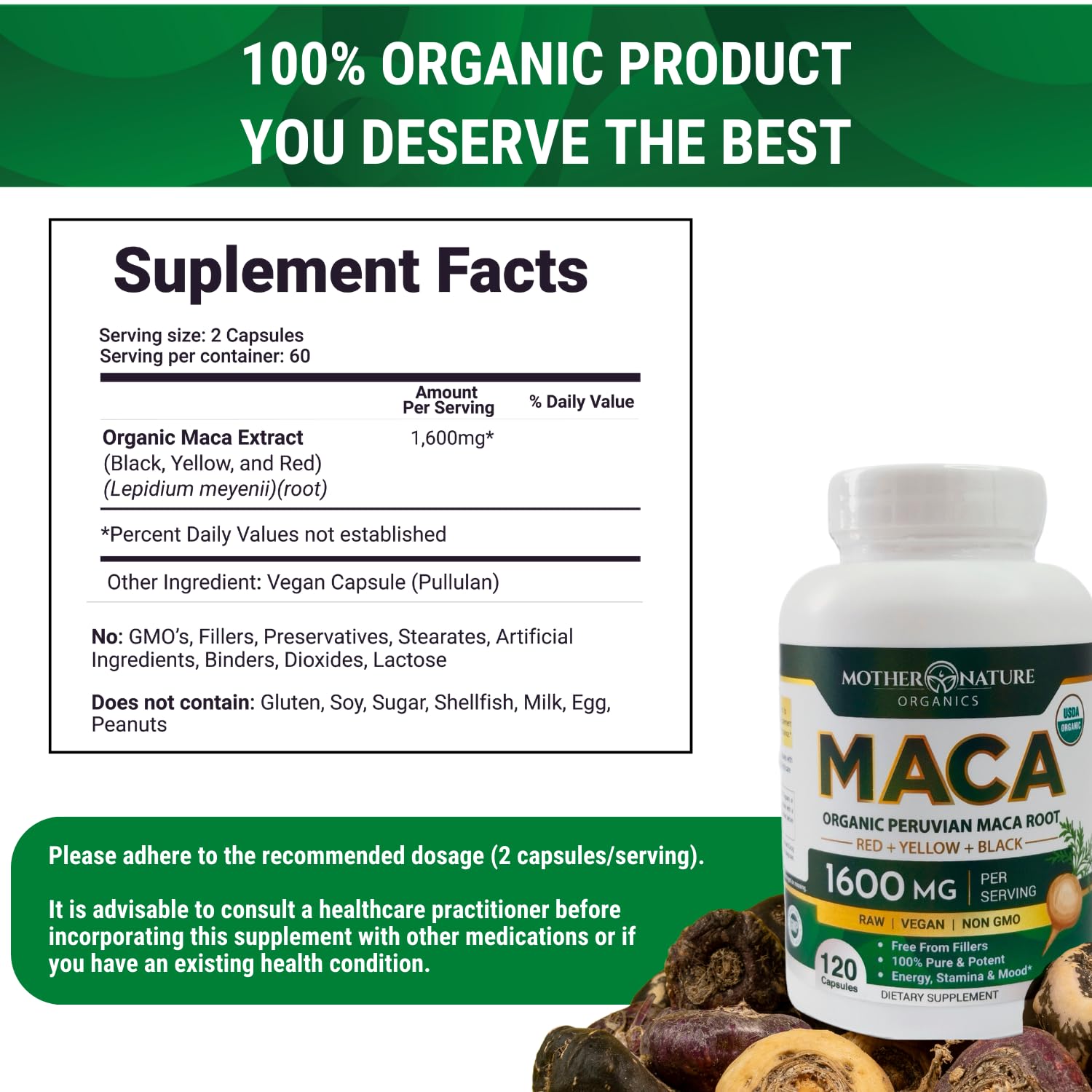 Mother Nature Organic Maca Root Capsules – 1600mg, 120 Vegan Capsules – Non GMO Peruvian Yellow, Red & Black Maca for Men & Women - Energy, Hormone, Brain & Weight Well-Being Mother Nature Organics Superfoods for Organic Living buy supplements canada