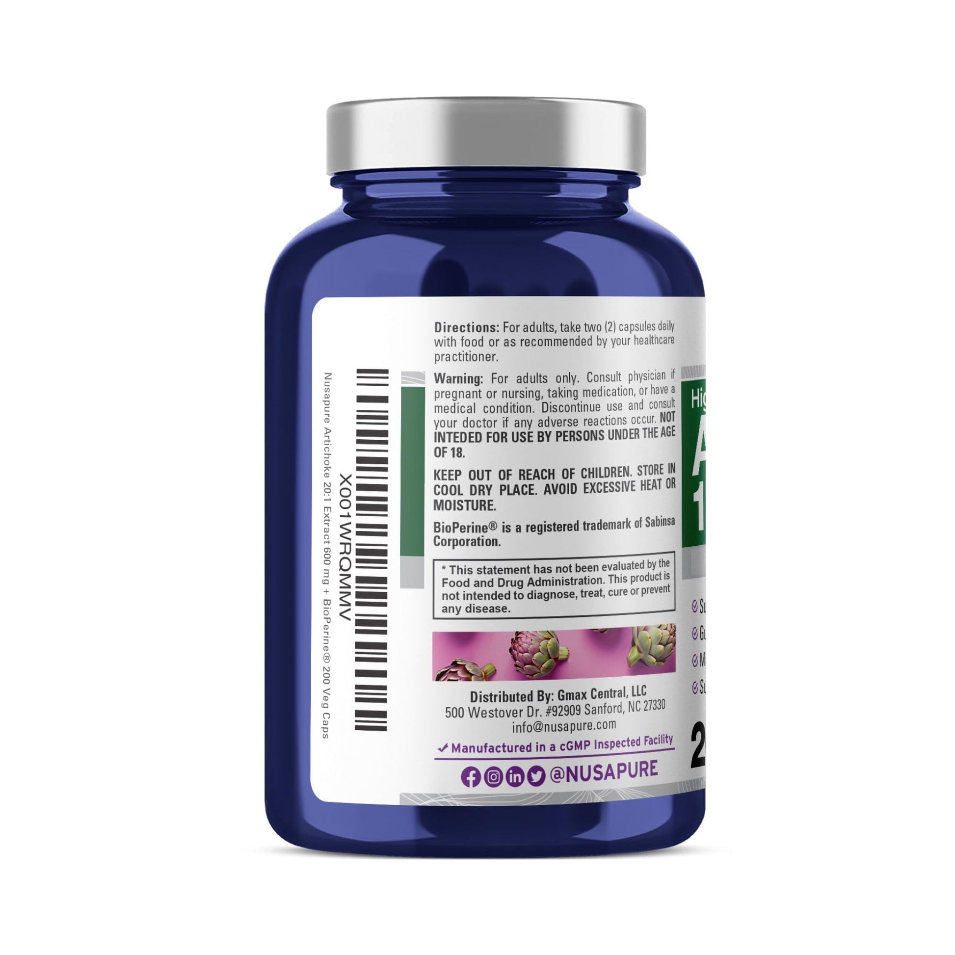 NusaPure Artichoke 20:1 Extract, 600 mg Equivalent to 12,000mg 200 Veggie caps (Non-GMO, Gluten Free) NusaPure buy supplements canada