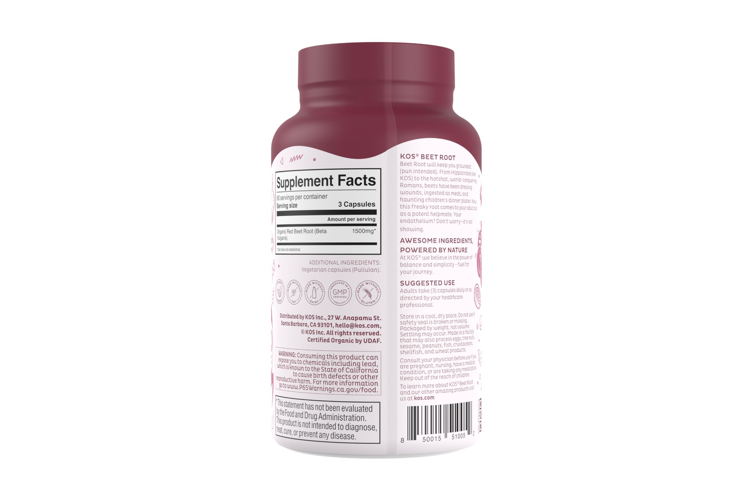KOS Organic Beetroot Capsules 1500mg - USDA Organic, Antioxidant Power from Organic Beet Root Superfood, Supports Healthy & Active Lifestyle - Non-GMO, KOS buy supplements canada