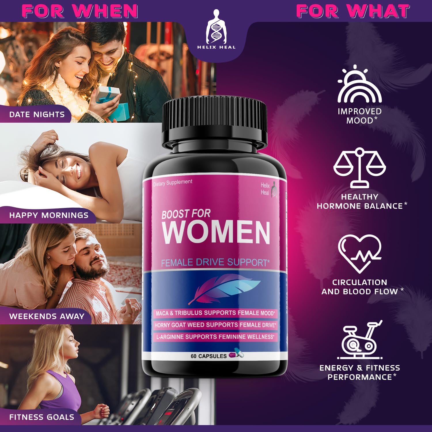 Helix Heal Libido Booster for Women Fast Acting with Horny Goat Weed - Female Desire Pills with Maca Root, Tribulus Terrestris, Ginseng and Hornygoatweed Women - Hormone Balance, Made in USA (60 ct) Helix Heal buy supplements canada