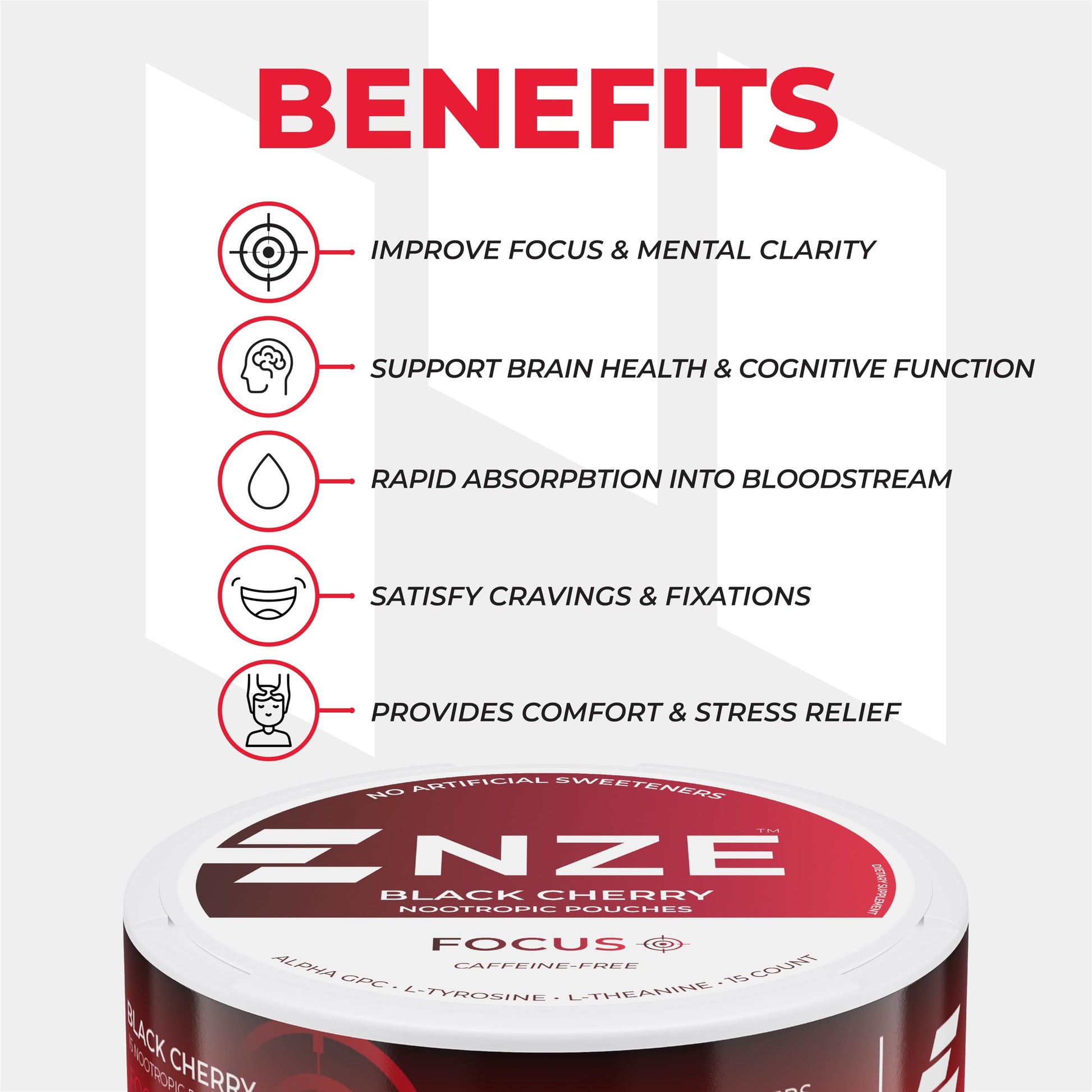 NZE Caffeine Free Nootropic Pouches (Black Cherry) - Nootropic Pouches with Alpha GPC, L-Tyrosine & L-Theanine - No Sugar or Artificial Sweeteners - 15 Pouches Per Can - 5 Pack NZE buy supplements canada