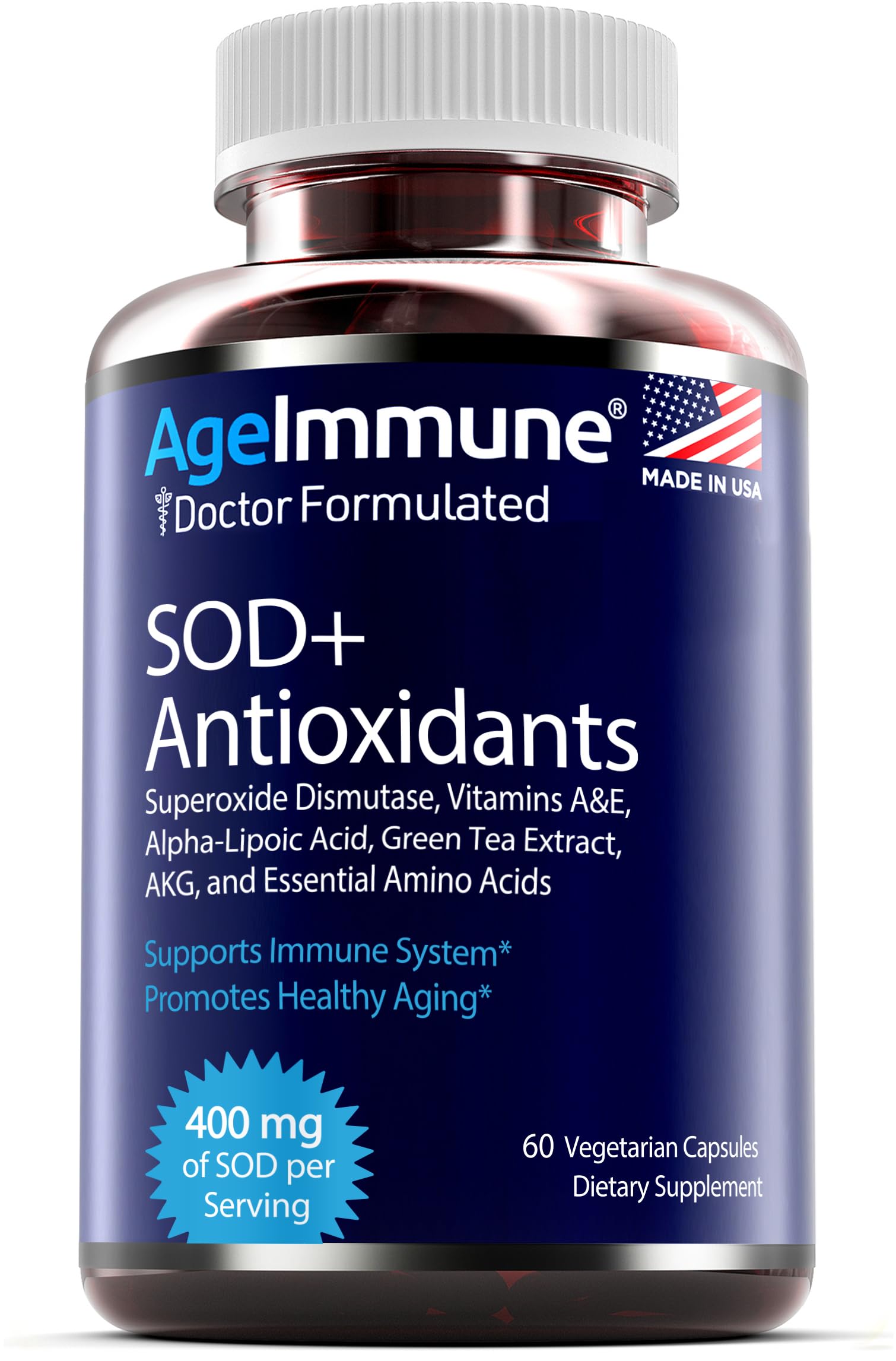 SOD Antioxidants Complex Healthy Aging Supplement - 400mg of Superoxide Dismutase - Alpha Lipoic Acid - L-Arginine -Lysine - AKG - Vitamin A - Vitamin E for Immune Support-60 Capsules AgeImmune buy supplements canada