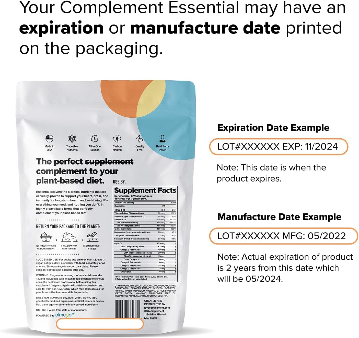 Complement Essential Vegan Multivitamin for Men & Women (30 Servings, 90 Capsules) with Omega-3 DHA & EPA, B12, Vitamin D3 & K2, Zinc, Selenium, Magnesium, Iodine - Supports Immunity & Overall Health Complement buy supplements canada
