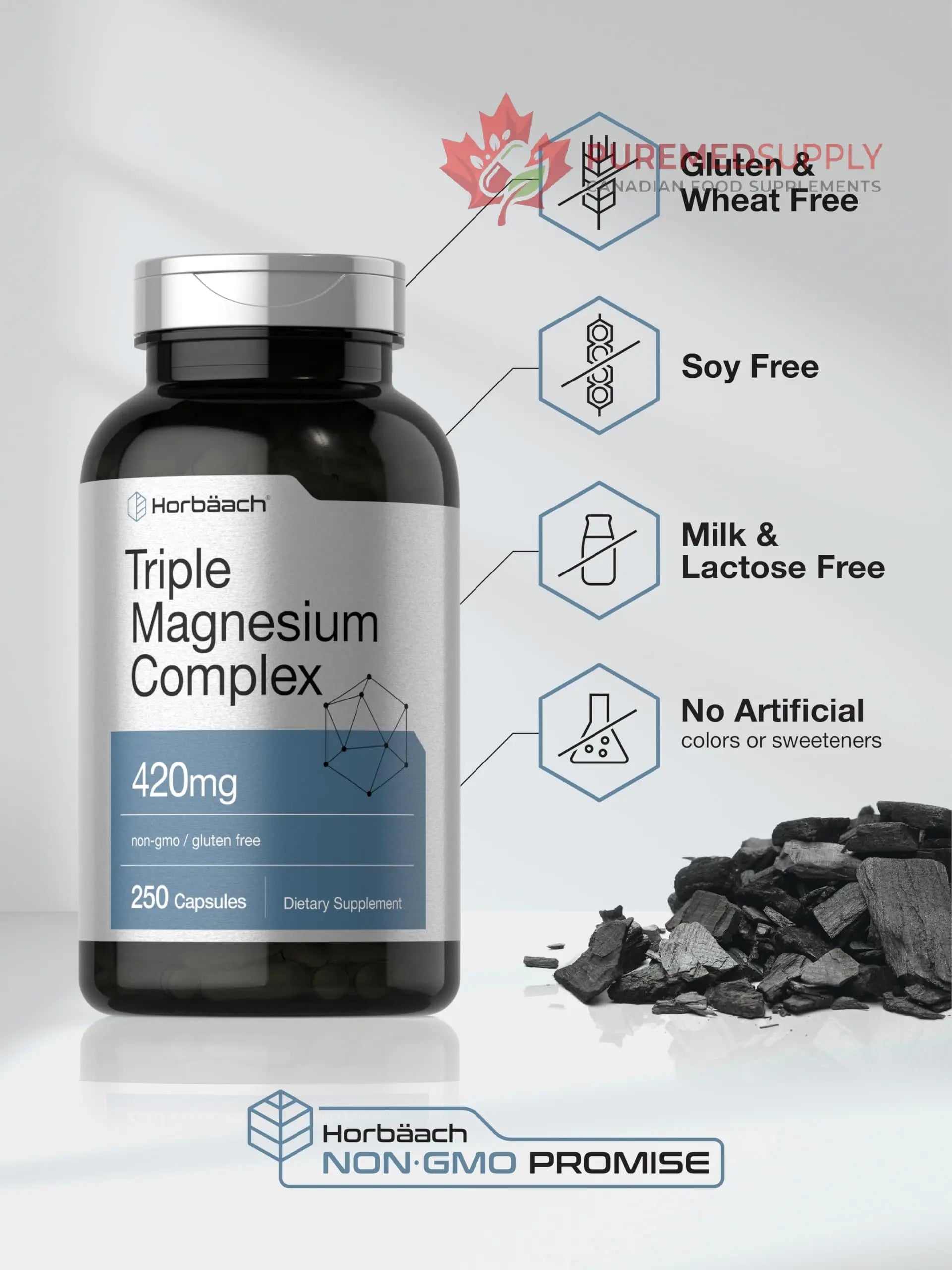 Horbäach Triple Magnesium Complex | 420 mg | 250 Capsules | Non-GMO and Gluten Free Formula | Magnesium Oxide, Citrate, and Aspartate Dietary Supplement Horbäach buy supplements canada