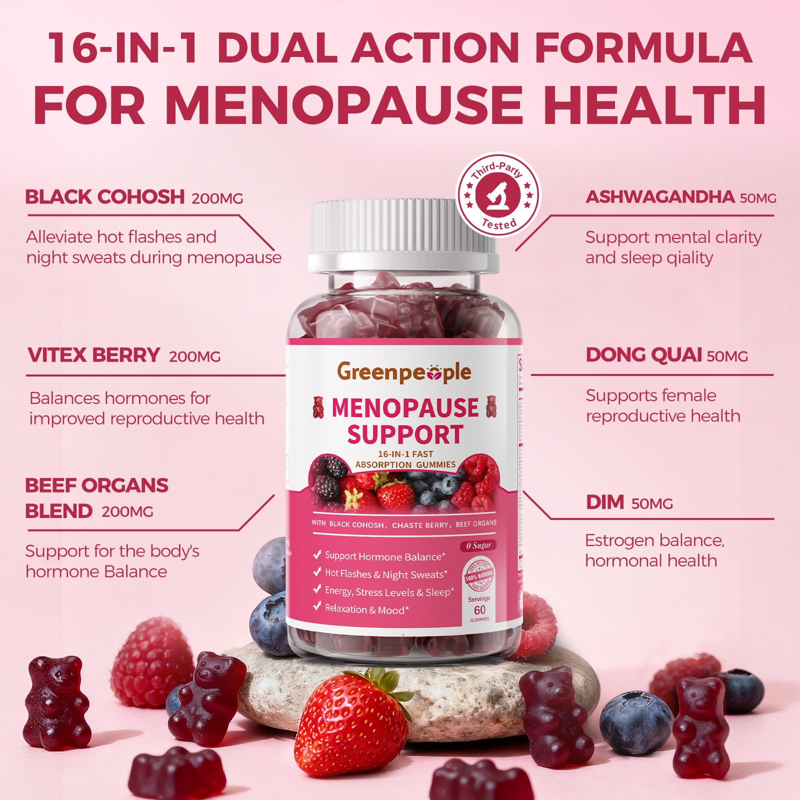 GREENPEOPLE Menopause Supplements for Women Gummies - 16-in-1 Dual Action Menopause Relief W/Black Cohosh, Vitex, Beef Organs for Hormone Balance, Hot Flashes, Night Sweats & Mood, Sugar-Free 60 CT GREENPEOPLE buy supplements canada