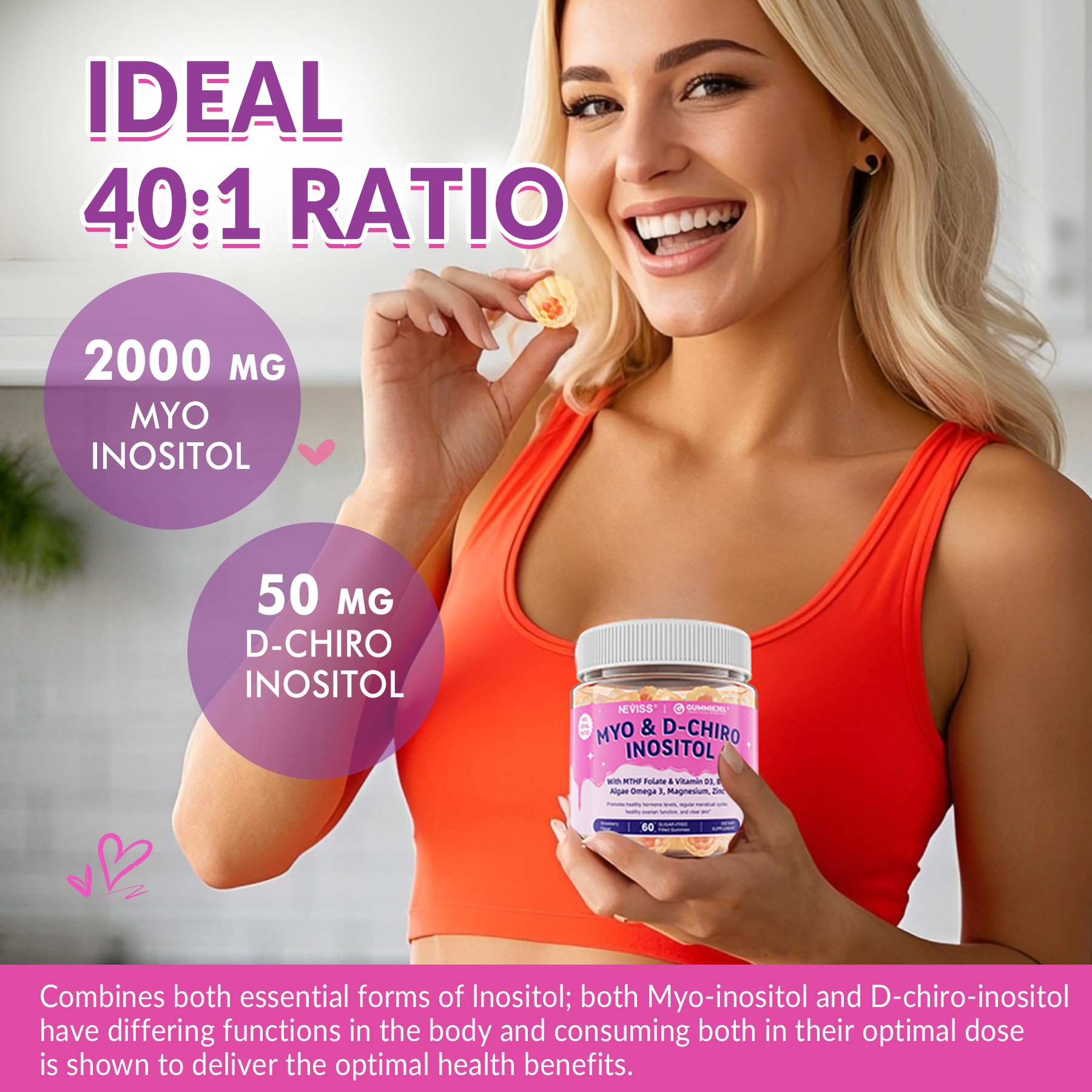 Myo-Inositol & D-Chiro Inositol, Hormone Balance for Women | Sugar Free Inositol Gummies w/Omega 3, MTHF Folate, Vitamin D3, B12, Magnesium & Zinc for Ovarian Health, Ideal 40:1 Ratio, Vegan, 60 Cts NEVISS buy supplements canada