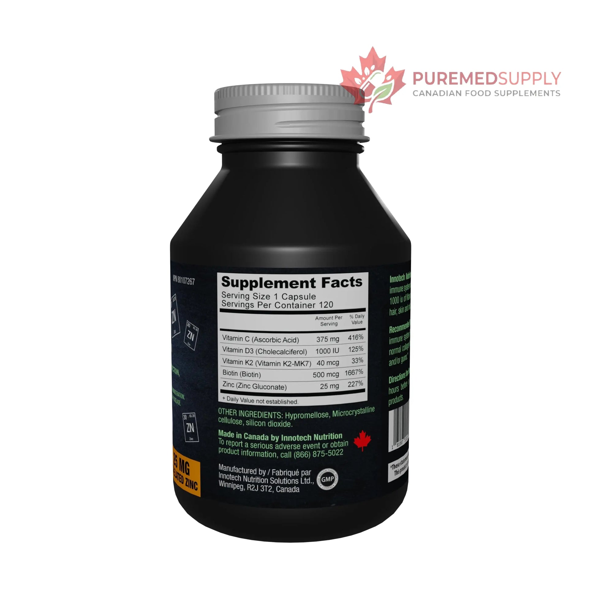 Innotech Nutrition Zinc Plus Immune Hair Skin & Nails Support Chelated Zinc Vitamin D3 & Biotin 120 Vegan Capsules Innotech Nutrition Solutions buy supplements canada