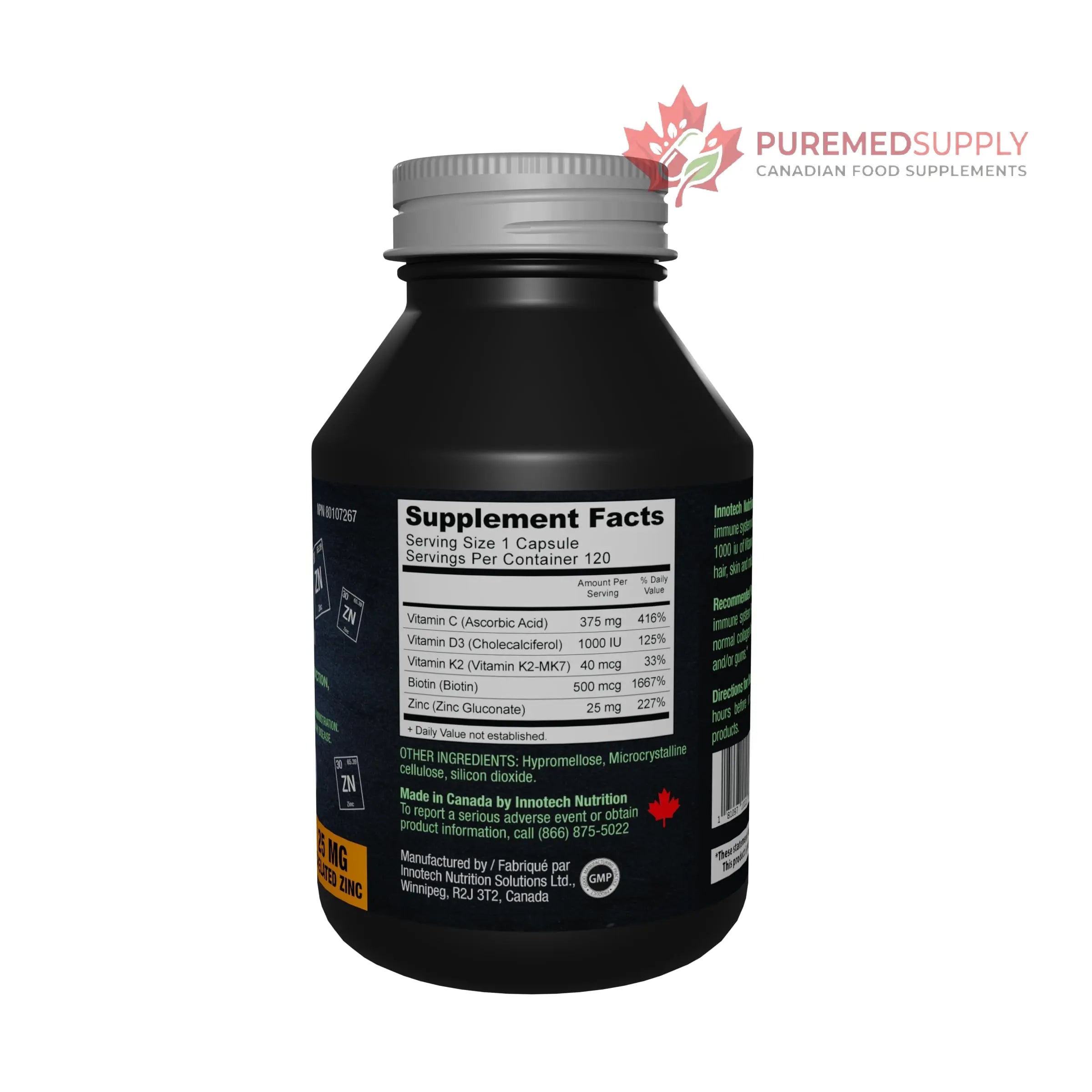 Innotech Nutrition Zinc Plus Immune Hair Skin & Nails Support Chelated Zinc Vitamin D3 & Biotin 120 Vegan Capsules Innotech Nutrition Solutions buy supplements canada