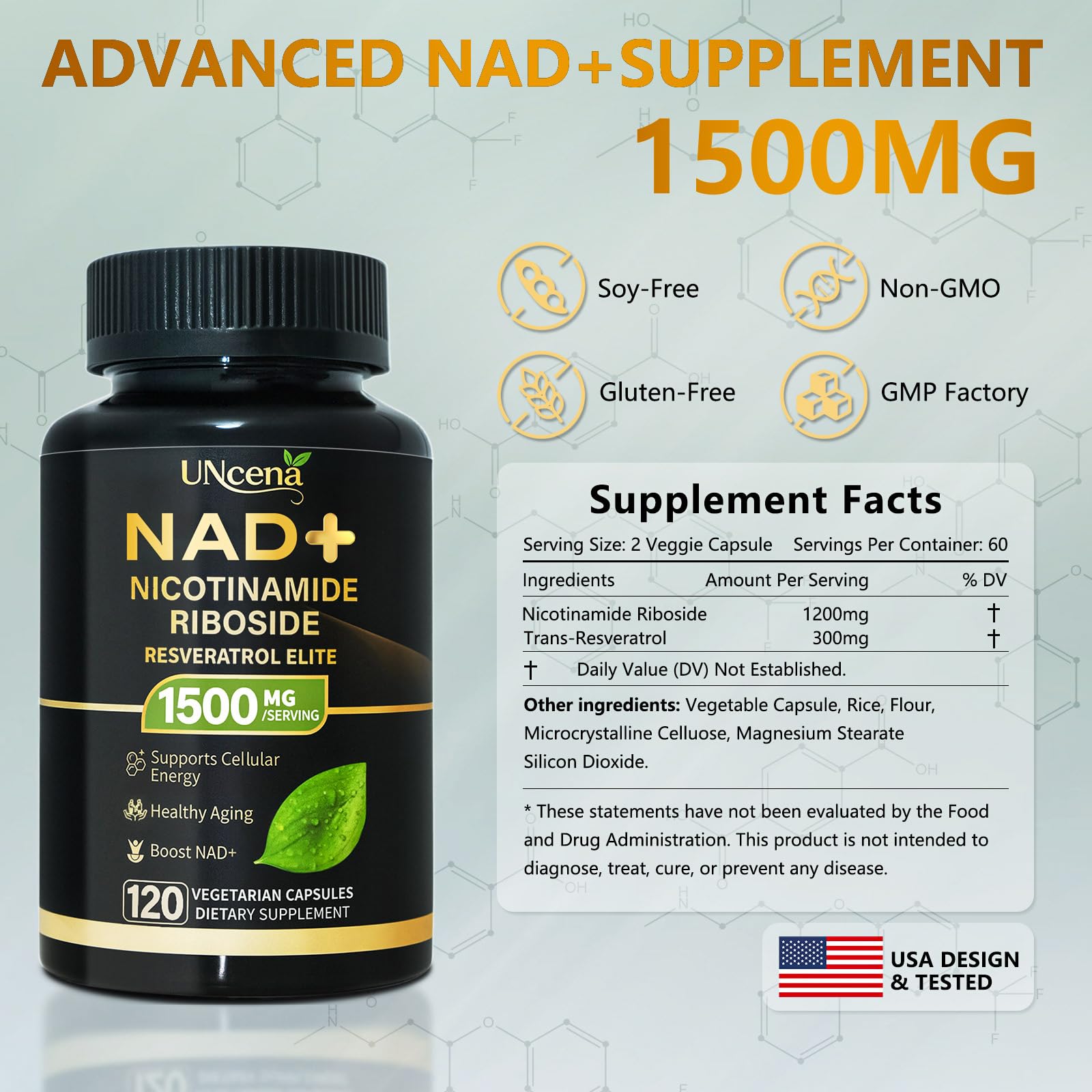 UNcena NAD Supplement 1500mg - Liposomal NAD+ Nicotinamide Riboside with Resveratrol, NAD Plus Boosting - Support Cellular Health, Stamina & Healthy Aging for Women & Men- 120 Capsules UNcena buy supplements canada