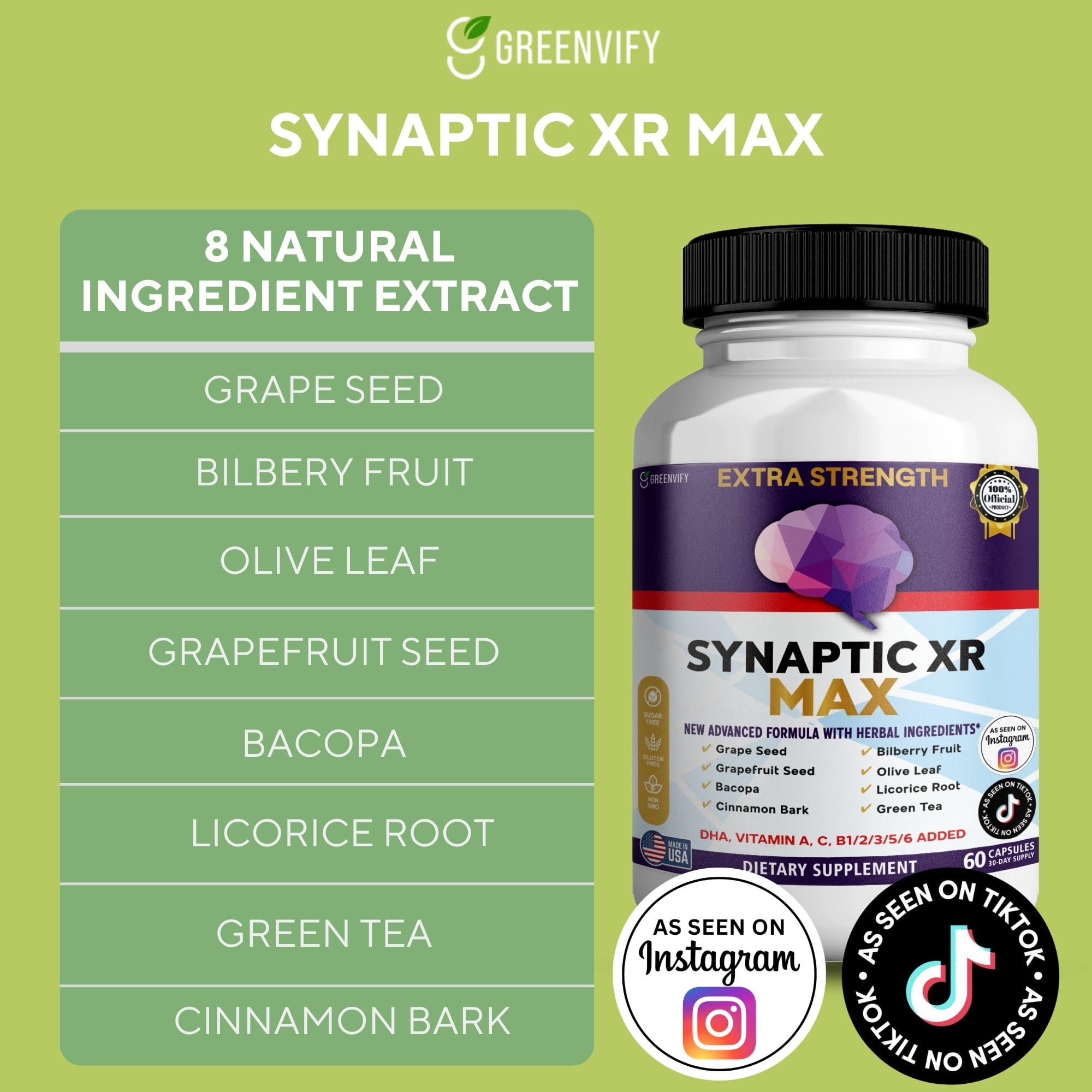 GREENVIFY Synaptic XR Max Extra Strength Brain Support Supplement with Herbal Ingredients, 60 Capsules, DHA Vitamins, Nootropic Formula (1) GREENVIFY buy supplements canada