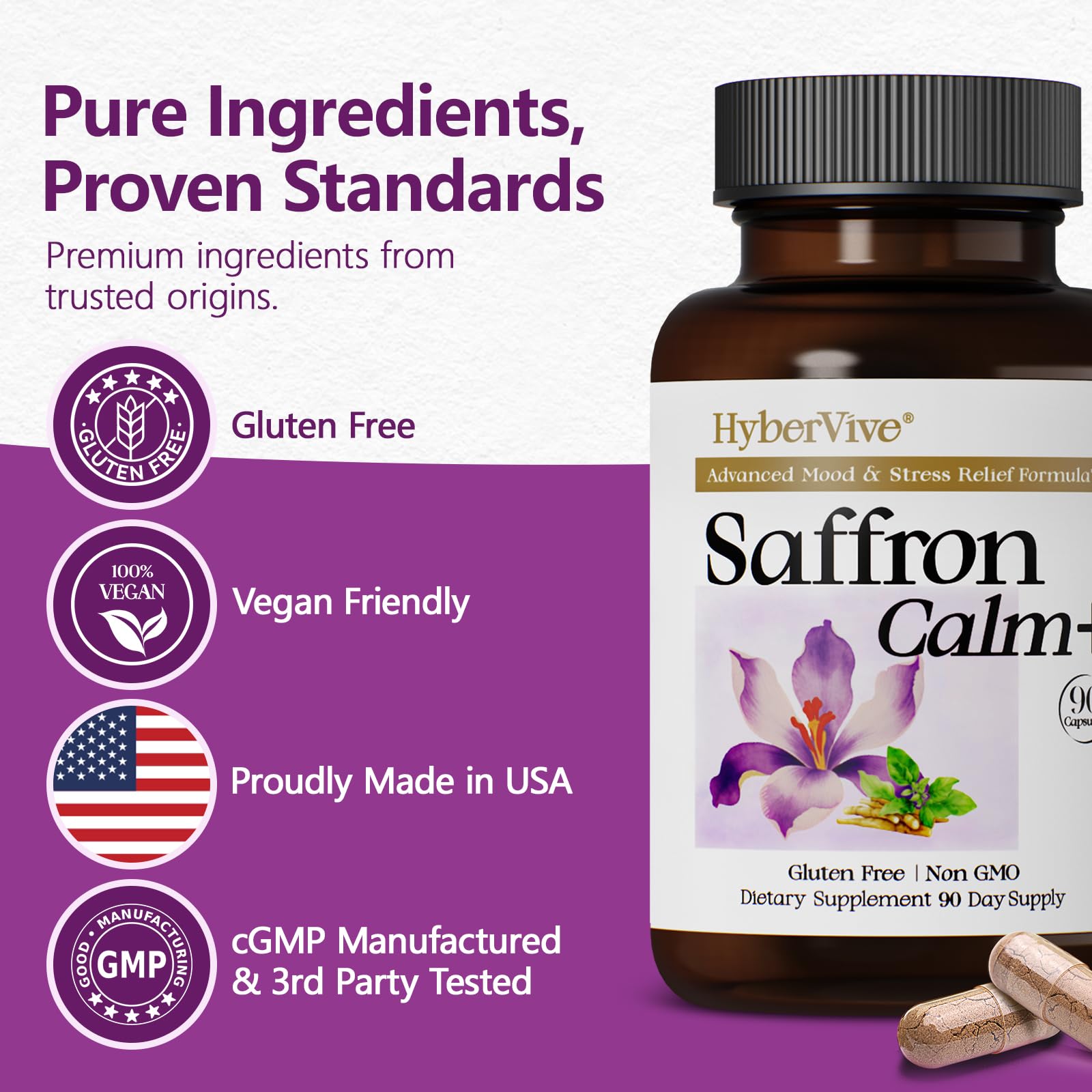 HyberVive Saffron Supplements with Ashwagandha & L-Theanine - 368.5MG - Mood Balance, Stress Relief & Mental Clarity – Cortisol Support for Women & Men, Made in USA, 90 Vegan Capsules HyberVive buy supplements canada