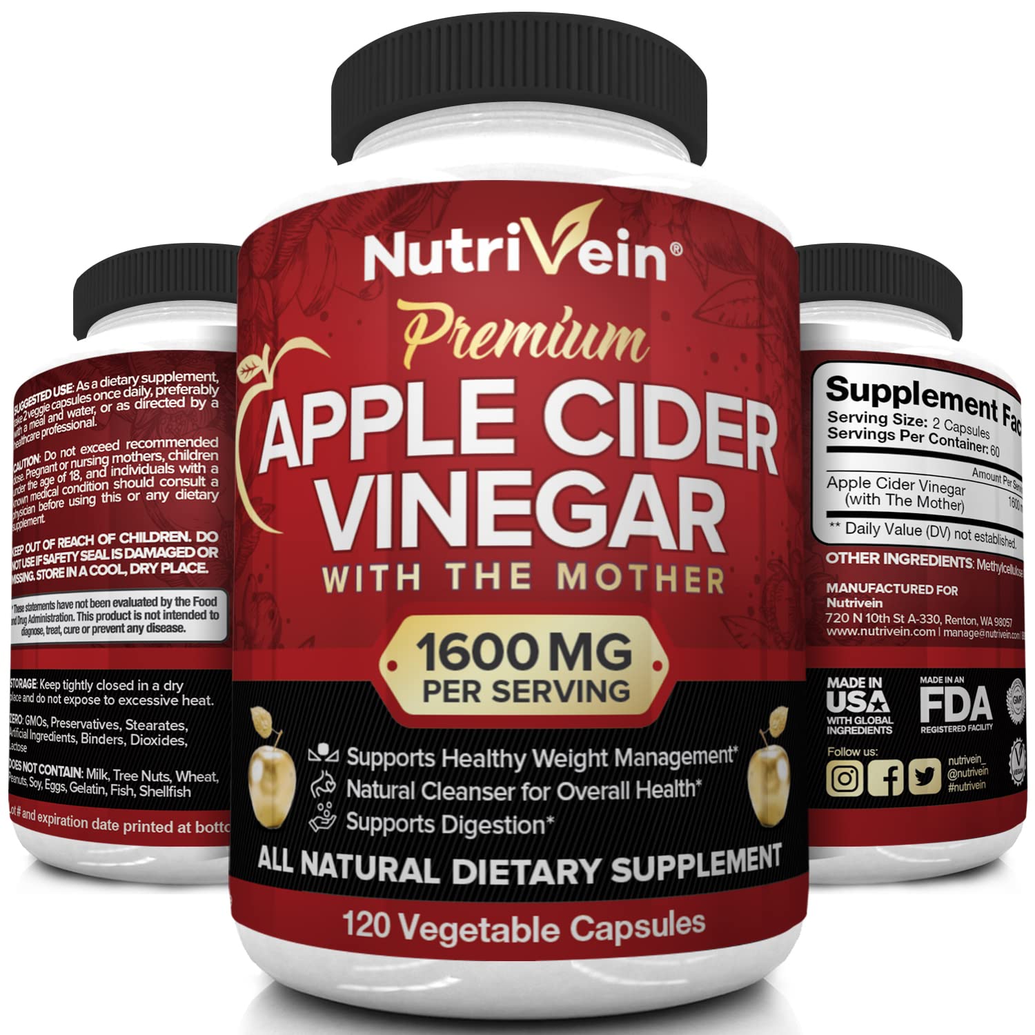 Nutrivein Apple Cider Vinegar Capsules with Mother - 1600mg - 120 Vegan Nutrivein buy supplements canada