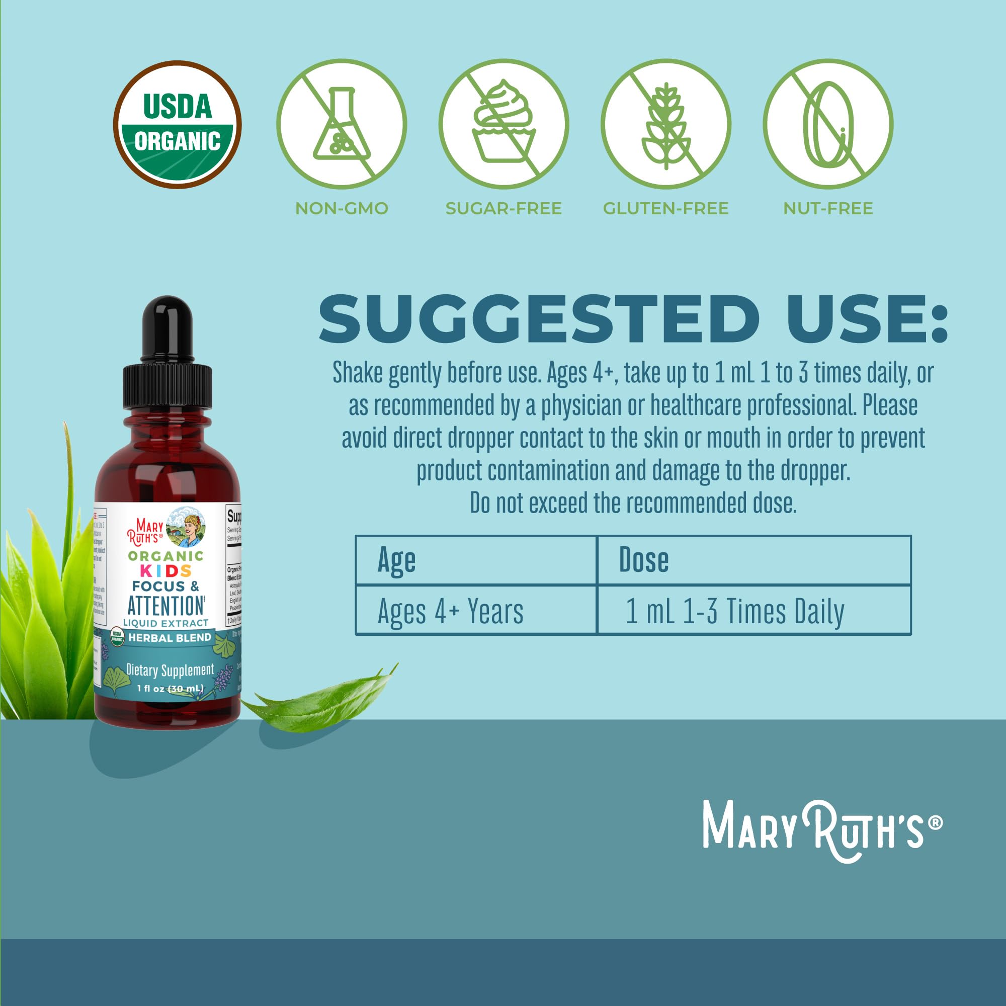 MaryRuth Organics Kids Focus & Attention Drops | USDA Organic Drops | Ginkgo Biloba | Rhodiola Root & Licorice Root | Adaptogenic | Calm | Vegan | Non-GMO | Gluten Free | 30 Servings MARYRUTH'S buy supplements canada