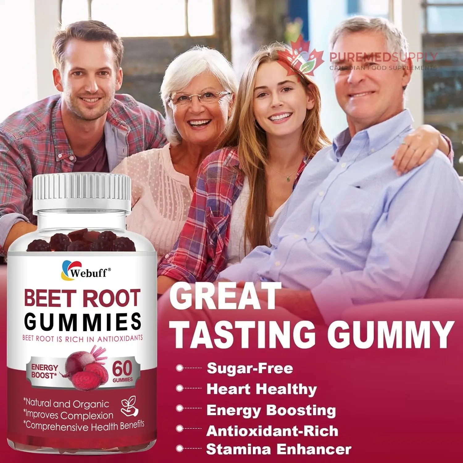Webuff Beet Root Gummies - Nitric Oxide Booster with Organic Beet, Pomegranate & Grape Seed, Vitamin B12 - Energy, Circulation & Heart Health Support, Vegan, Non-GMO, 60 Count (Pack of 1) Webuff buy supplements canada