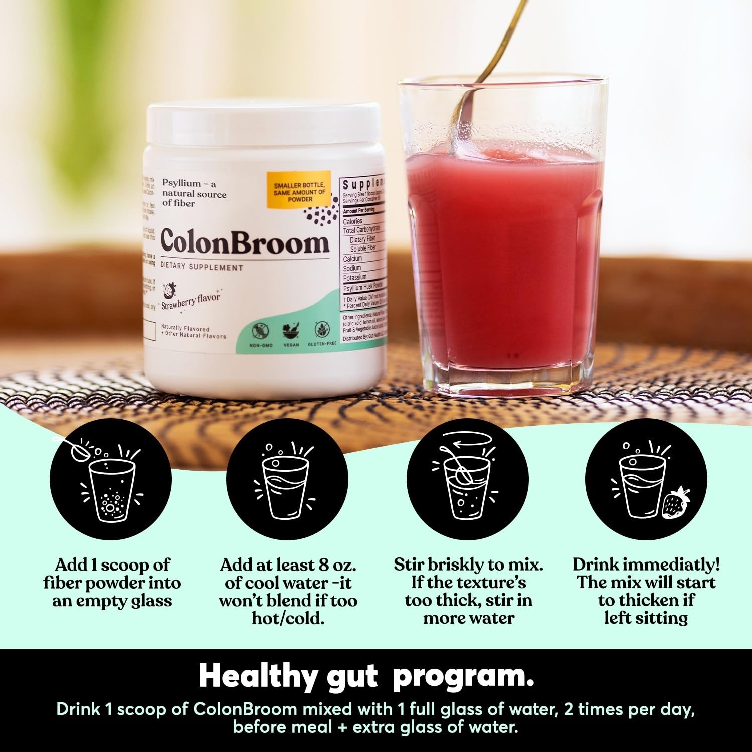 ColonBroom Psyllium Husk Powder (Strawberry) - Colon Cleanse for Bloating Relief & Gut Health - Colon Broom Fiber Powder Drink - Vegan, Gluten Free, Non-GMO Fiber Powder Supplement, 50 Servings ColonBroom buy supplements canada