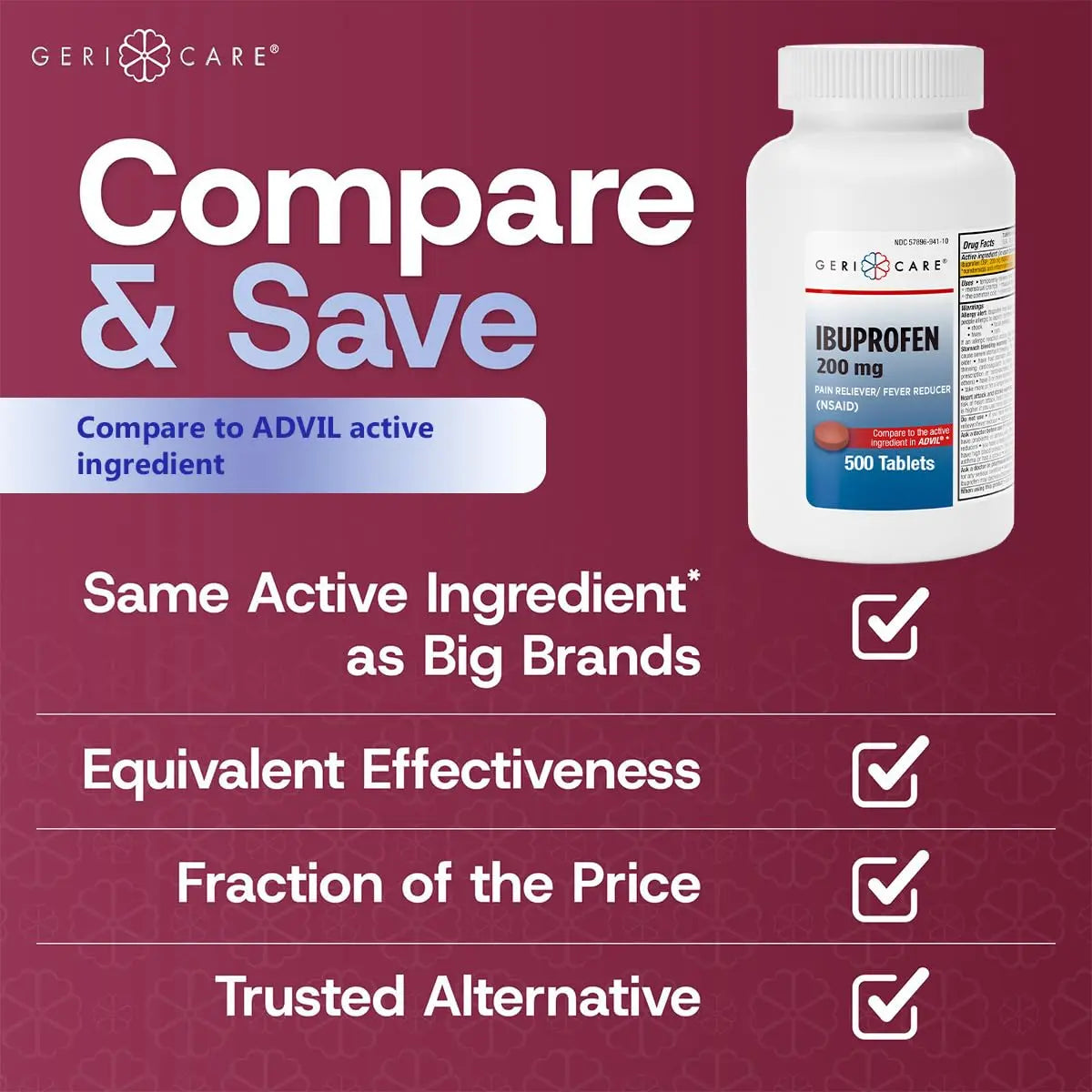 GeriCare Ibuprofen 200mg, Pain Reliever, Fever Reducer, Relieves Body Aches, 500 Count (Pack of 1) GeriCare buy supplements canada