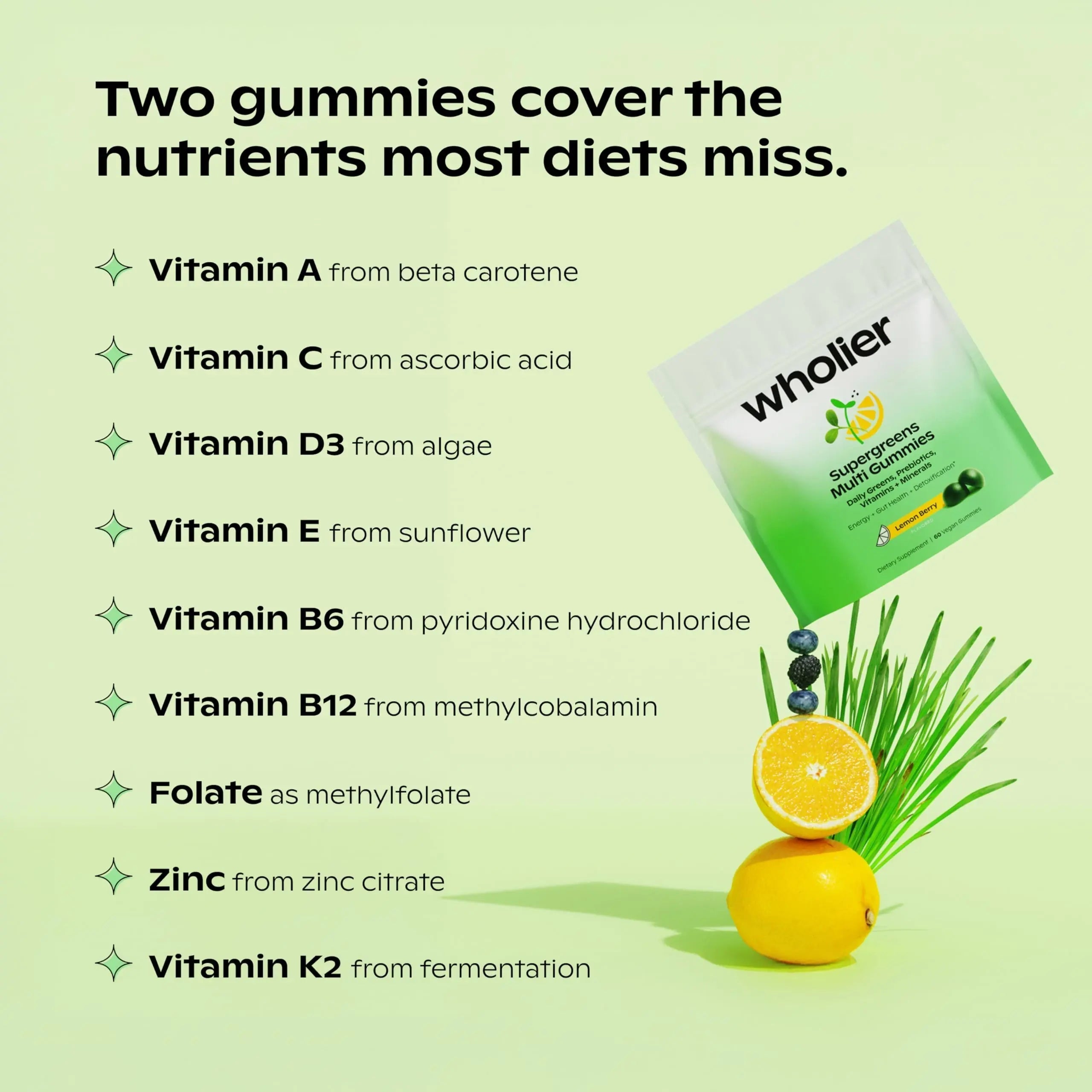 wholier Supergreens Multi Gummies, Daily Greens with Prebiotics, Fiber, Adaptogens, Plant-Based Multivitamin with 9 Essential Vitamins wholier buy supplements canada