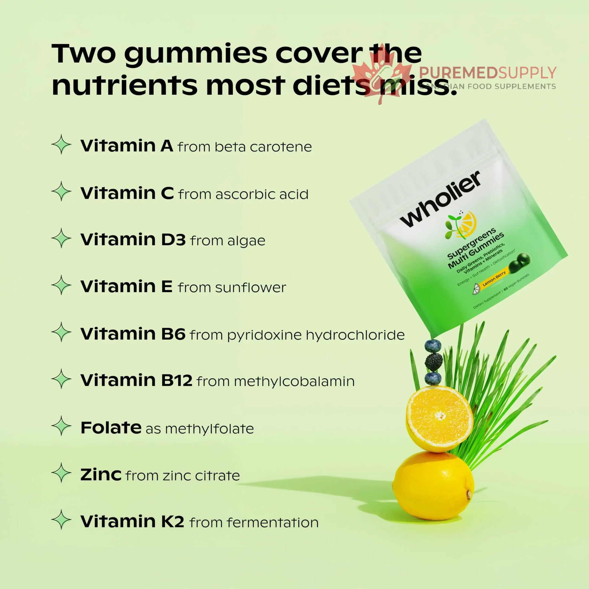 wholier Daily Supergreens Gummies, Greens Supplement with Prebiotics, Fiber, Adaptogens, Vegan Multivitamin, 9 Essential Vitamins + Minerals, 1g Sugar, 2 Gummy Serving (60 Gummies, 30 Day Supply) wholier buy supplements canada