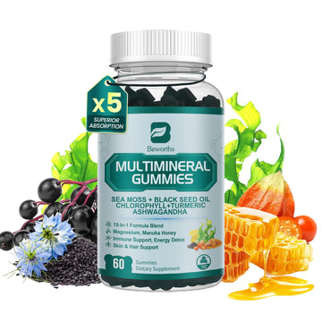 Sea Moss Gummies with Ashwagandha & Chlorophyll, Immune, Digestive and Gut Detox Support, Powered by Black Seed Oil, Vitamin C, Vitamin D & Magnesium, GMO, Vegan, Apple Flavor, 60 SeaMoss Gummies B BEWORTHS buy supplements canada