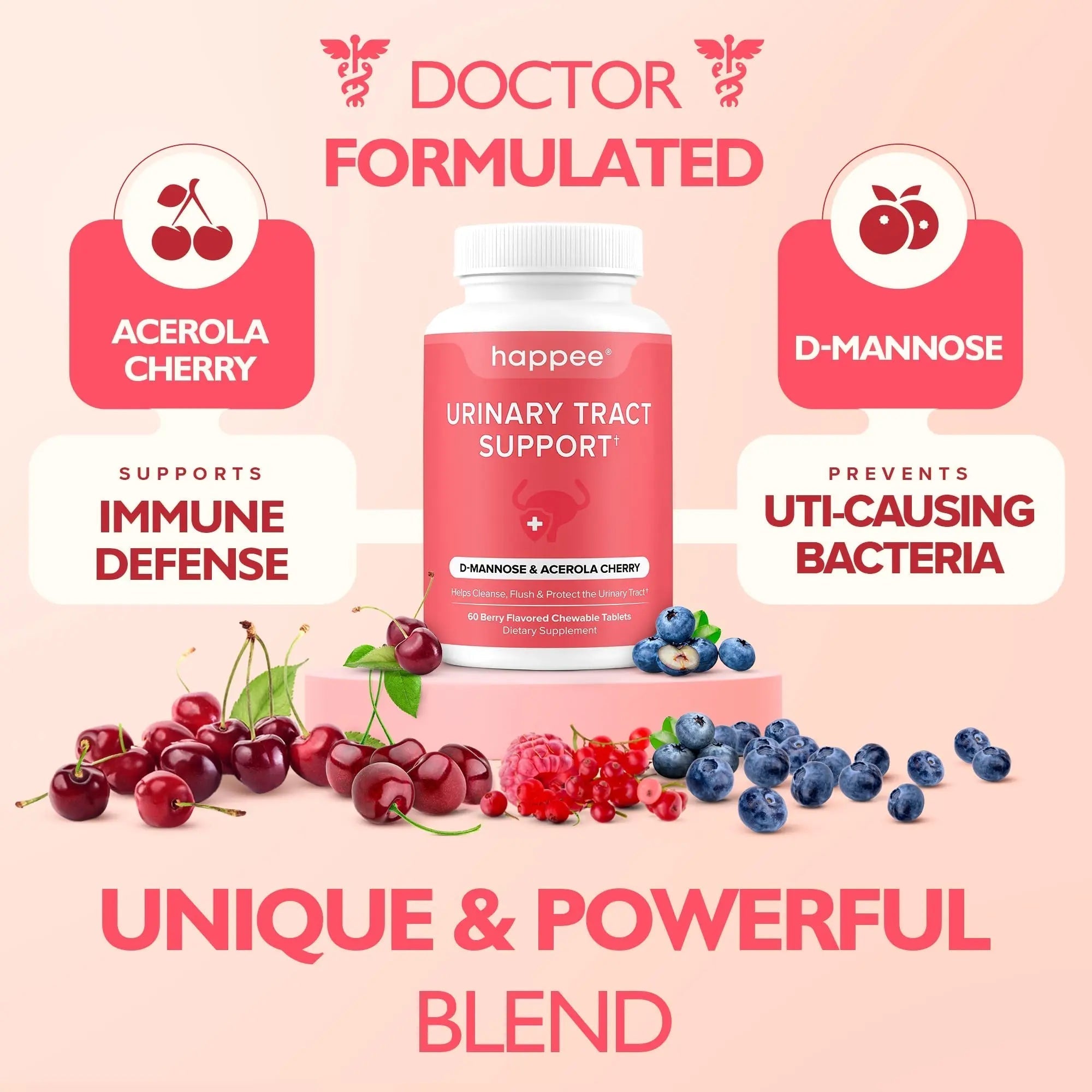 Happee Urinary Tract Health Supplement for Women & Men – Fast-Acting UTI Relief and Prevention, 500mg D-Mannose & Antioxidants, Supports Kidney and Bladder Health, Berry Flavor, 60 Chewables Happee buy supplements canada