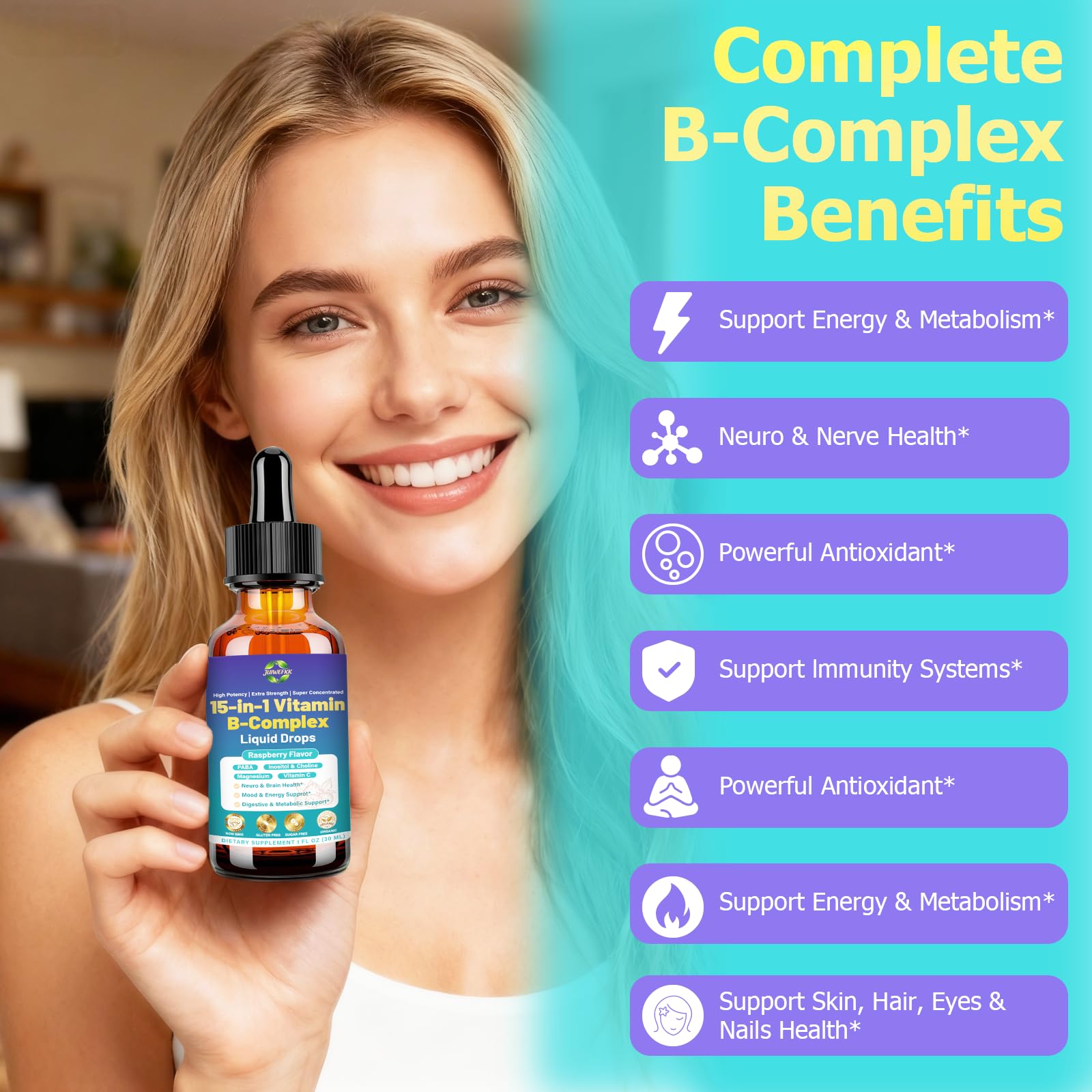 Advanced Vitamin B Complex Liquid Drops for Women Men & Kids, 15-in-1 VIT B Complex with Vitamin C B12 B6 B1 Niacin Folate for Brain Nerve Neuropathy Energy Mood Health, Sublingual B-Complex Drops JUIWEFKK buy supplements canada