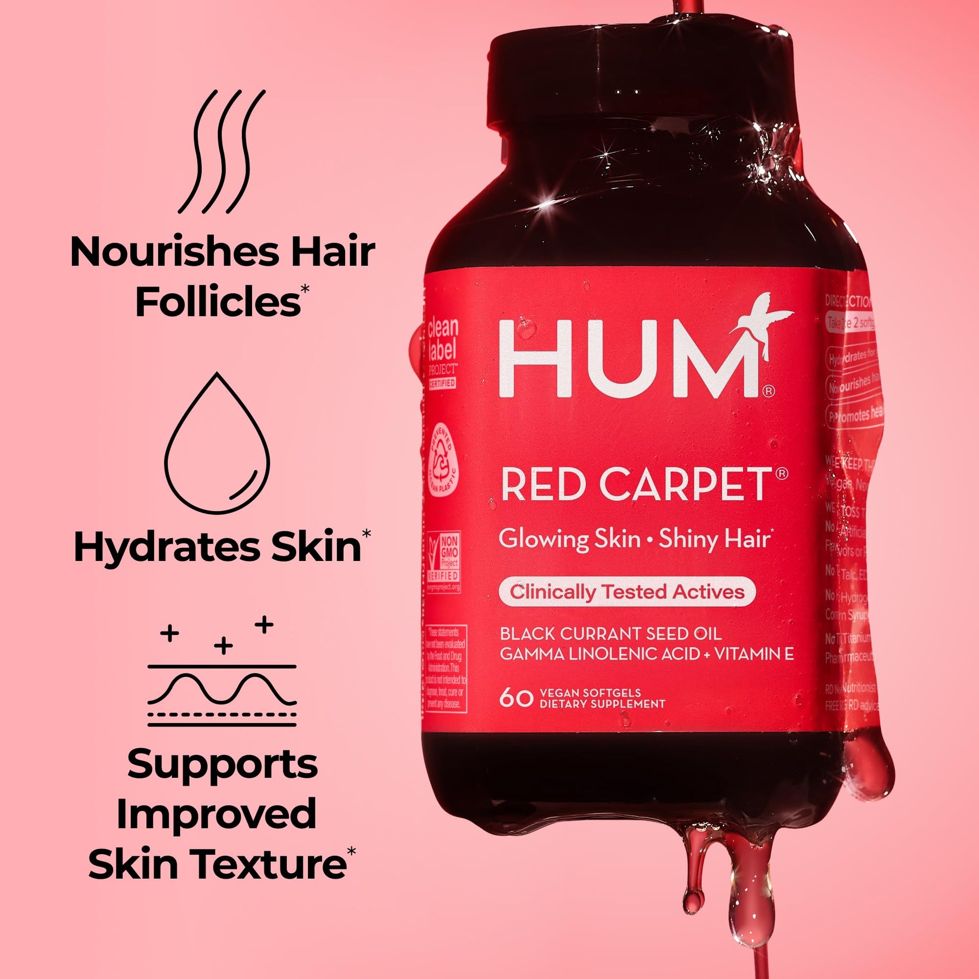 HUM Red Carpet Skin & Hair Vitamins for Women with Omega 3 Fatty Acids, Vitamin E, and Black Currant Seed Oil, Supplement for Skin Health & Healthy Hair Follicles Support, 60 Count HUM buy supplements canada