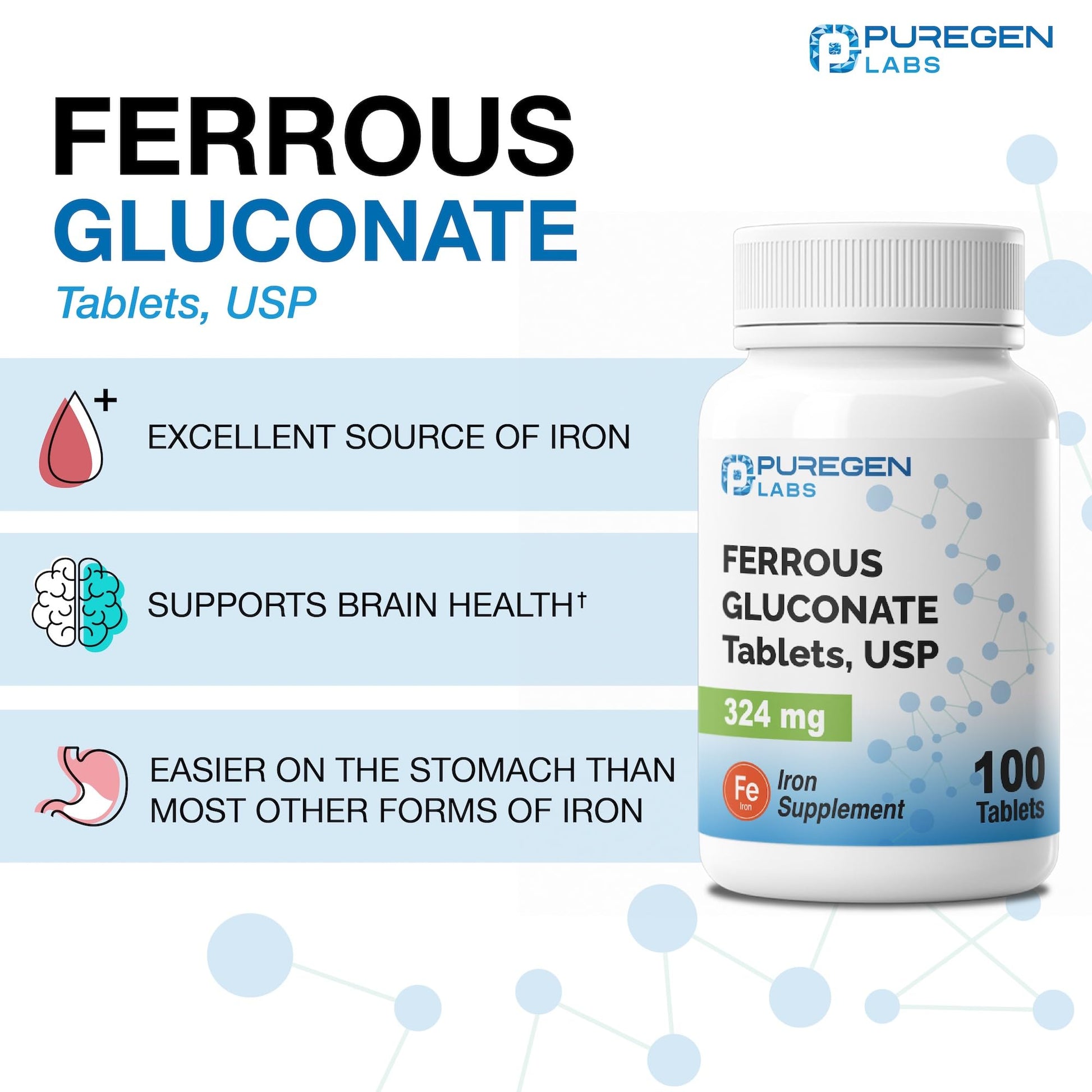 Puregen Labs Ferrous Gluconate 324 mg [High Potency] Iron Supplement, Gentle on Stomach - 100 Tablets P Puregen Labs buy supplements canada