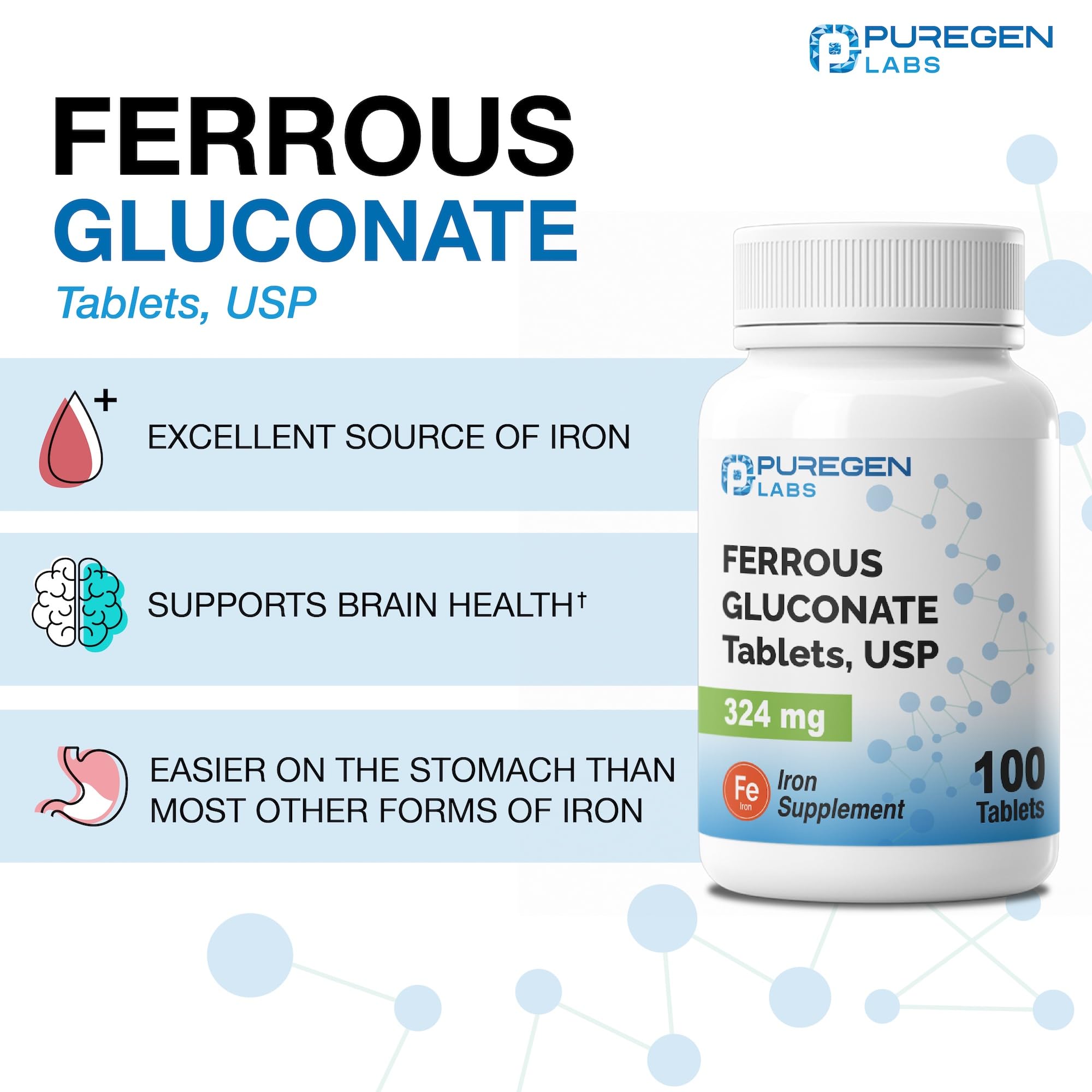 Puregen Labs Ferrous Gluconate 324 mg [High Potency] Iron Supplement, Gentle on Stomach - 100 Tablets P Puregen Labs buy supplements canada